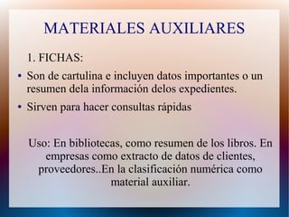 MATERIALES AUXILIARES
1. FICHAS:
●

●

Son de cartulina e incluyen datos importantes o un
resumen dela información delos expedientes.
Sirven para hacer consultas rápidas
Uso: En bibliotecas, como resumen de los libros. En
empresas como extracto de datos de clientes,
proveedores..En la clasificación numérica como
material auxiliar.

 