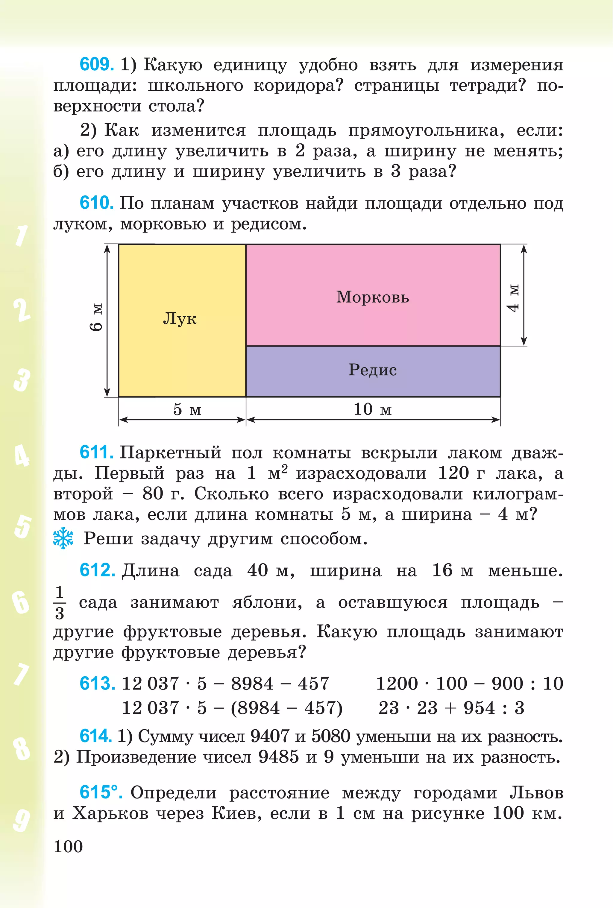 100
609. 1) Êàêóþ åäèíèöó óäîáíî âçÿòü äëÿ èçìåðåíèÿ
ïëîùàäè: øêîëüíîãî êîðèäîðà? ñòðàíèöû òåòðàäè? ïî-
âåðõíîñòè ñòîëà?
2) Êàê èçìåíèòñÿ ïëîùàäü ïðÿìîóãîëüíèêà, åñëè:
à) åãî äëèíó óâåëè÷èòü â 2 ðàçà, à øèðèíó íå ìåíÿòü;
á) åãî äëèíó è øèðèíó óâåëè÷èòü â 3 ðàçà?
610. Ïî ïëàíàì ó÷àñòêîâ íàéäè ïëîùàäè îòäåëüíî ïîä
ëóêîì, ìîðêîâüþ è ðåäèñîì.
10 ì5 ì
4ì
6ì
Ìîðêîâü
Ðåäèñ
Ëóê
611. Ïàðêåòíûé ïîë êîìíàòû âñêðûëè ëàêîì äâàæ-
äû. Ïåðâûé ðàç íà 1 ì2 èçðàñõîäîâàëè 120 ã ëàêà, à
âòîðîé – 80 ã. Ñêîëüêî âñåãî èçðàñõîäîâàëè êèëîãðàì-
ìîâ ëàêà, åñëè äëèíà êîìíàòû 5 ì, à øèðèíà – 4 ì?
Ðåøè çàäà÷ó äðóãèì ñïîñîáîì.
612. Äëèíà ñàäà 40 ì, øèðèíà íà 16 ì ìåíüøå.
1
3
ñàäà çàíèìàþò ÿáëîíè, à îñòàâøóþñÿ ïëîùàäü –
äðóãèå ôðóêòîâûå äåðåâüÿ. Êàêóþ ïëîùàäü çàíèìàþò
äðóãèå ôðóêòîâûå äåðåâüÿ?
613. 12 037 ∙ 5 – 8984 – 457 1200 ∙ 100 – 900 : 10
12 037 ∙ 5 – (8984 – 457) 23 ∙ 23 + 954 : 3
614. 1) Ñóììó ÷èñåë 9407 è 5080 óìåíüøè íà èõ ðàçíîñòü.
2) Ïðîèçâåäåíèå ÷èñåë 9485 è 9 óìåíüøè íà èõ ðàçíîñòü.
615°. Îïðåäåëè ðàññòîÿíèå ìåæäó ãîðîäàìè Ëüâîâ
è Õàðüêîâ ÷åðåç Êèåâ, åñëè â 1 ñì íà ðèñóíêå 100 êì.
 