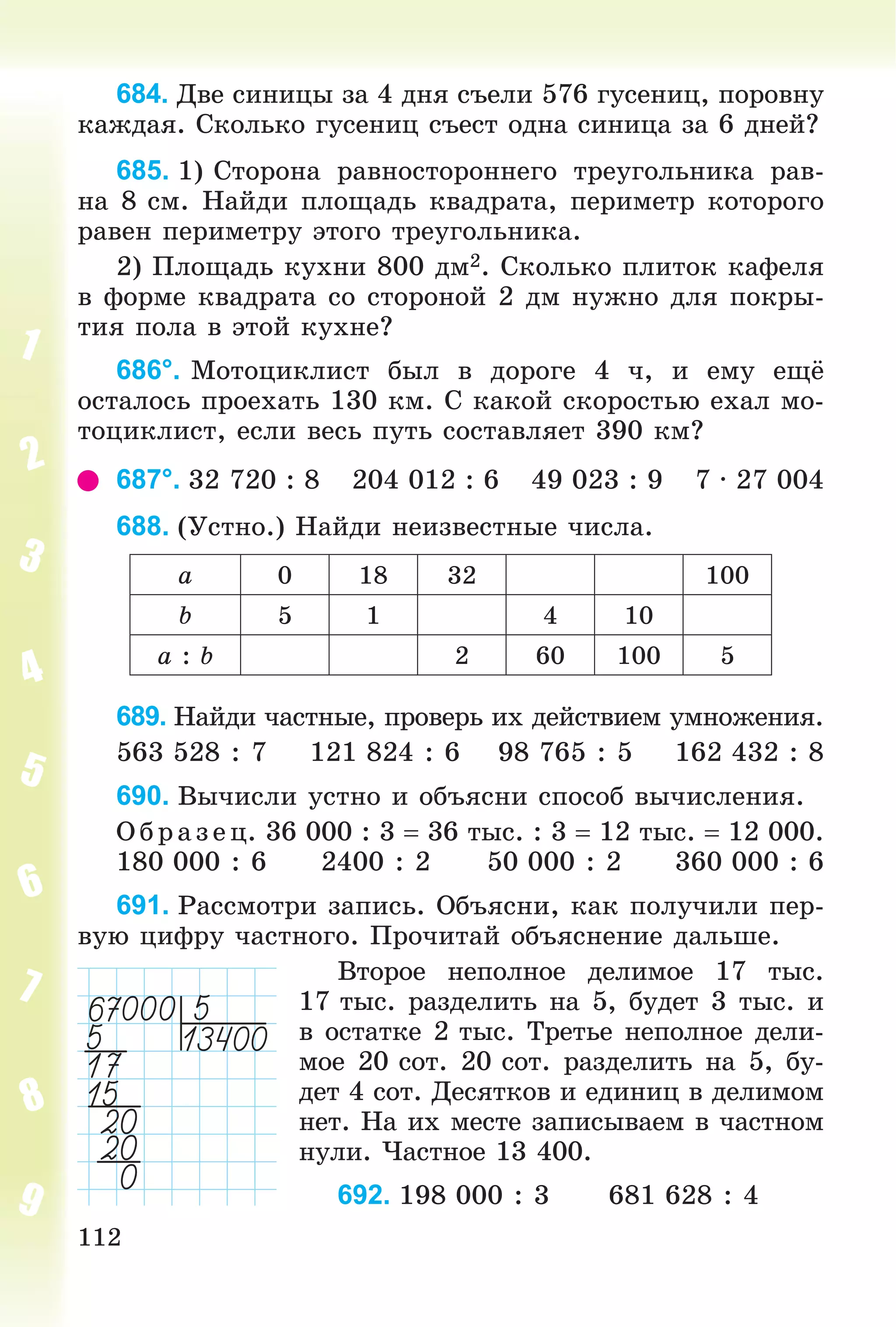 112
684. Äâå ñèíèöû çà 4 äíÿ ñúåëè 576 ãóñåíèö, ïîðîâíó
êàæäàÿ. Ñêîëüêî ãóñåíèö ñúåñò îäíà ñèíèöà çà 6 äíåé?
685. 1) Ñòîðîíà ðàâíîñòîðîííåãî òðåóãîëüíèêà ðàâ-
íà 8 ñì. Íàéäè ïëîùàäü êâàäðàòà, ïåðèìåòð êîòîðîãî
ðàâåí ïåðèìåòðó ýòîãî òðåóãîëüíèêà.
2) Ïëîùàäü êóõíè 800 äì2. Ñêîëüêî ïëèòîê êàôåëÿ
â ôîðìå êâàäðàòà ñî ñòîðîíîé 2 äì íóæíî äëÿ ïîêðû-
òèÿ ïîëà â ýòîé êóõíå?
686°. Ìîòîöèêëèñò áûë â äîðîãå 4 ÷, è åìó åùё
îñòàëîñü ïðîåõàòü 130 êì. Ñ êàêîé ñêîðîñòüþ åõàë ìî-
òîöèêëèñò, åñëè âåñü ïóòü ñîñòàâëÿåò 390 êì?
687°. 32 720 : 8 204 012 : 6 49 023 : 9 7 ∙ 27 004
688. (Óñòíî.) Íàéäè íåèçâåñòíûå ÷èñëà.
a 0 18 32 100
b 5 1 4 10
a : b 2 60 100 5
689. Íàéäè ÷àñòíûå, ïðîâåðü èõ äåéñòâèåì óìíîæåíèÿ.
563 528 : 7 121 824 : 6 98 765 : 5 162 432 : 8
690. Âû÷èñëè óñòíî è îáúÿñíè ñïîñîá âû÷èñëåíèÿ.
Î á ð àç åö. 36 000 : 3  36 òûñ. : 3  12 òûñ.  12 000.
180 000 : 6 2400 : 2 50 000 : 2 360 000 : 6
691. Ðàññìîòðè çàïèñü. Îáúÿñíè, êàê ïîëó÷èëè ïåð-
âóþ öèôðó ÷àñòíîãî. Ïðî÷èòàé îáúÿñíåíèå äàëüøå.
Âòîðîå íåïîëíîå äåëèìîå 17 òûñ.
17 òûñ. ðàçäåëèòü íà 5, áóäåò 3 òûñ. è
â îñòàòêå 2 òûñ. Òðåòüå íåïîëíîå äåëè-
ìîå 20 ñîò. 20 ñîò. ðàçäåëèòü íà 5, áó-
äåò 4 ñîò. Äåñÿòêîâ è åäèíèö â äåëèìîì
íåò. Íà èõ ìåñòå çàïèñûâàåì â ÷àñòíîì
íóëè. ×àñòíîå 13 400.
692. 198 000 : 3 681 628 : 4
 