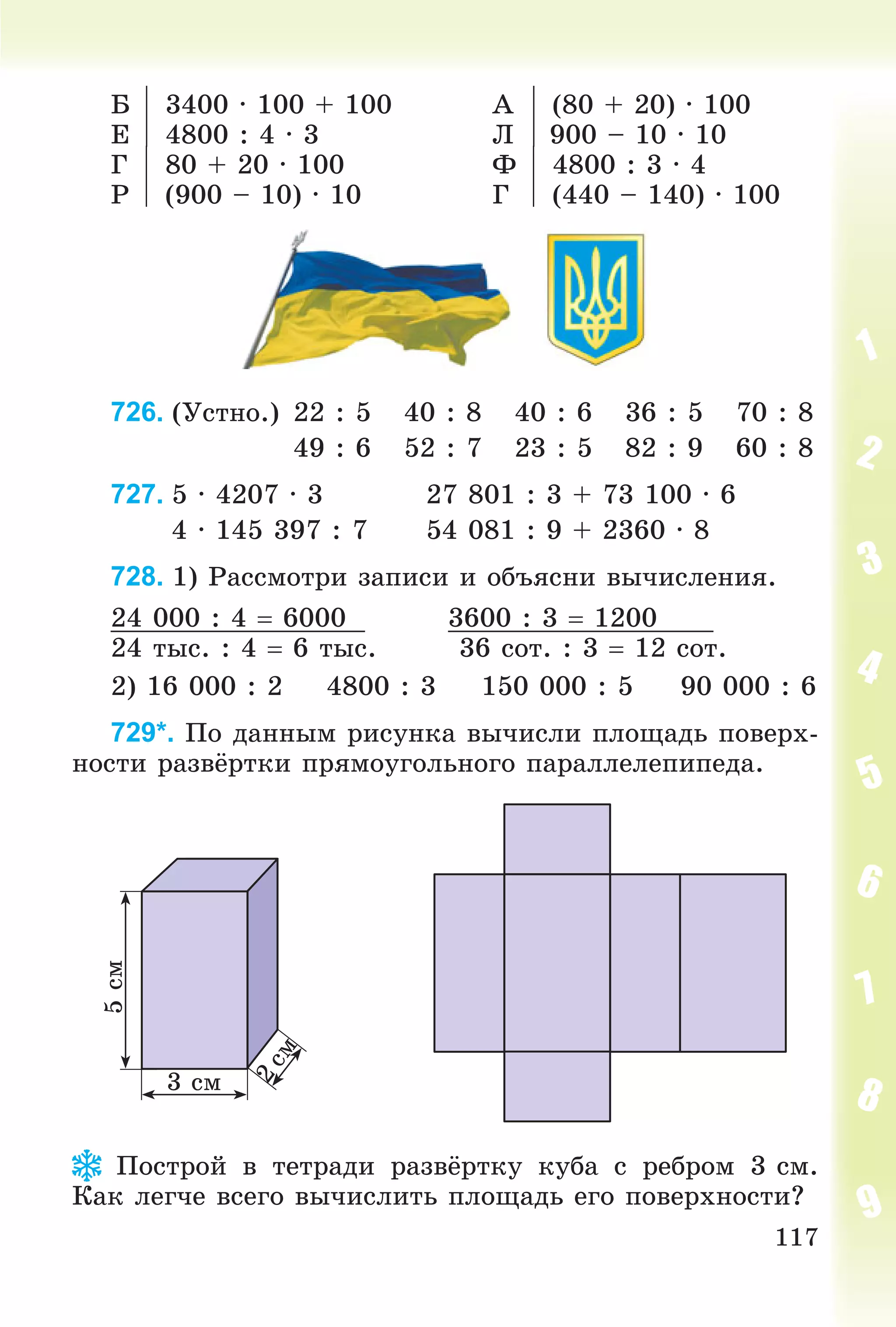 117
Á  3400 · 100 + 100 À  (80 + 20) · 100
Å  4800 : 4 · 3 Ë 900 – 10 · 10
Ã  80 + 20 · 100 Ô  4800 : 3 · 4
Ð  (900 – 10) · 10 Ã  (440 – 140) · 100
726. (Óñòíî.) 22 : 5 40 : 8 40 : 6 36 : 5 70 : 8
49 : 6 52 : 7 23 : 5 82 : 9 60 : 8
727. 5 · 4207 · 3 27 801 : 3 + 73 100 · 6
4 · 145 397 : 7 54 081 : 9 + 2360 · 8
728. 1) Ðàññìîòðè çàïèñè è îáúÿñíè âû÷èñëåíèÿ.
24 000 : 4  6000 3600 : 3  1200
24 òûñ. : 4  6 òûñ. 36 ñîò. : 3  12 ñîò.
2) 16 000 : 2 4800 : 3 150 000 : 5 90 000 : 6
729*. Ïî äàííûì ðèñóíêà âû÷èñëè ïëîùàäü ïîâåðõ-
íîñòè ðàçâёðòêè ïðÿìîóãîëüíîãî ïàðàëëåëåïèïåäà.
3 ñì
2ñì
5ñì
Ïîñòðîé â òåòðàäè ðàçâёðòêó êóáà ñ ðåáðîì 3 ñì.
Êàê ëåã÷å âñåãî âû÷èñëèòü ïëîùàäü åãî ïîâåðõíîñòè?
 