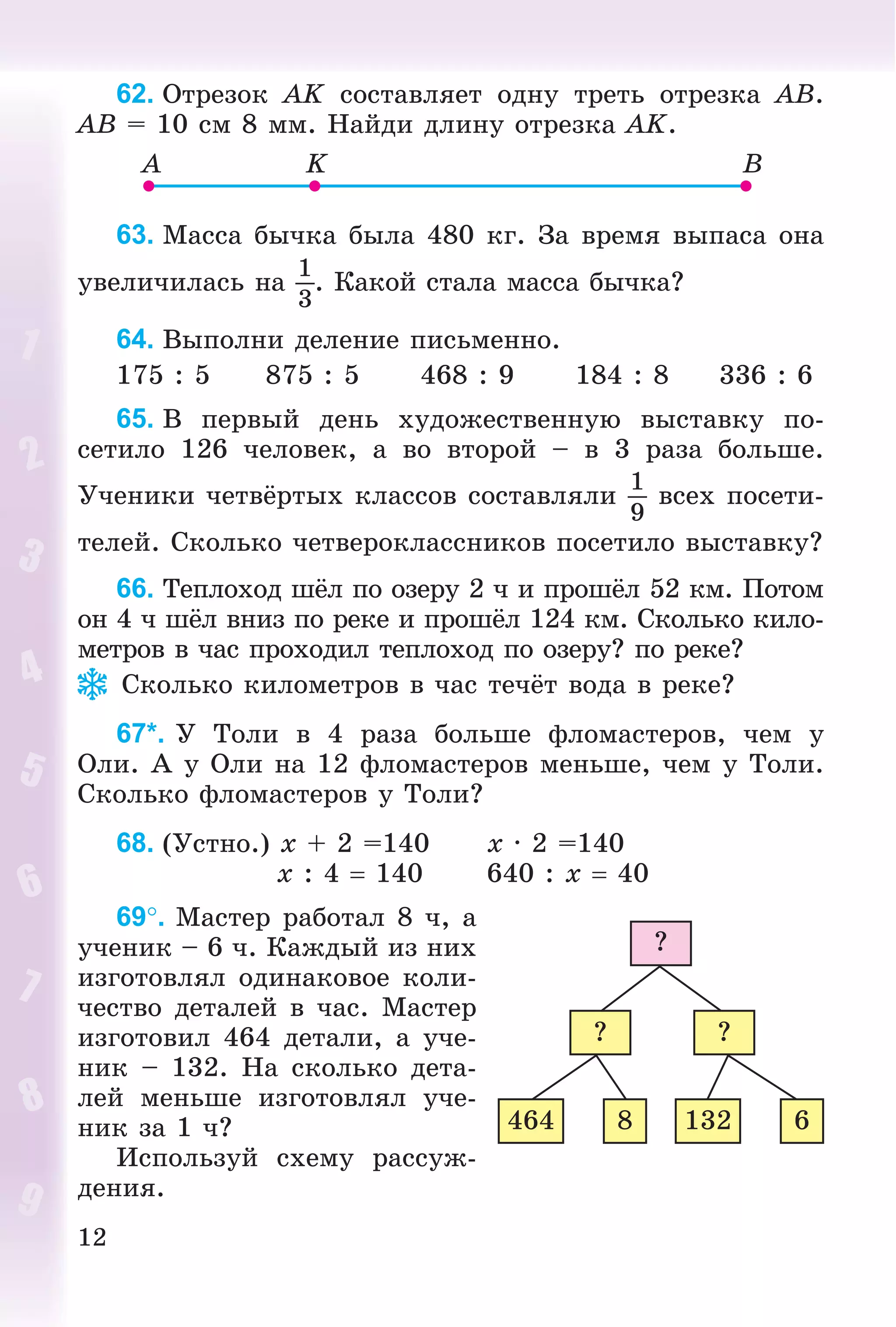 12
62. Îòðåçîê AK ñîñòàâëÿåò îäíó òðåòü îòðåçêà AB.
AB = 10 ñì 8 ìì. Íàéäè äëèíó îòðåçêà AK.
63. Ìàññà áû÷êà áûëà 480 êã. Çà âðåìÿ âûïàñà îíà
óâåëè÷èëàñü íà
1
3
. Êàêîé ñòàëà ìàññà áû÷êà?
64. Âûïîëíè äåëåíèå ïèñüìåííî.
175 : 5 875 : 5 468 : 9 184 : 8 336 : 6
65. Â ïåðâûé äåíü õóäîæåñòâåííóþ âûñòàâêó ïî-
ñåòèëî 126 ÷åëîâåê, à âî âòîðîé – â 3 ðàçà áîëüøå.
Ó÷åíèêè ÷åòâёðòûõ êëàññîâ ñîñòàâëÿëè
1
9
âñåõ ïîñåòè-
òåëåé. Ñêîëüêî ÷åòâåðîêëàññíèêîâ ïîñåòèëî âûñòàâêó?
66. Òåïëîõîä øёë ïî îçåðó 2 ÷ è ïðîøёë 52 êì. Ïîòîì
îí 4 ÷ øёë âíèç ïî ðåêå è ïðîøёë 124 êì. Ñêîëüêî êèëî-
ìåòðîâ â ÷àñ ïðîõîäèë òåïëîõîä ïî îçåðó? ïî ðåêå?
Ñêîëüêî êèëîìåòðîâ â ÷àñ òå÷ёò âîäà â ðåêå?
67*. Ó Òîëè â 4 ðàçà áîëüøå ôëîìàñòåðîâ, ÷åì ó
Îëè. À ó Îëè íà 12 ôëîìàñòåðîâ ìåíüøå, ÷åì ó Òîëè.
Ñêîëüêî ôëîìàñòåðîâ ó Òîëè?
68. (Óñòíî.) x + 2 =140 x · 2 =140
x : 4  140 640 : x  40
69. Ìàñòåð ðàáîòàë 8 ÷, à
ó÷åíèê – 6 ÷. Êàæäûé èç íèõ
èçãîòîâëÿë îäèíàêîâîå êîëè-
÷åñòâî äåòàëåé â ÷àñ. Ìàñòåð
èçãîòîâèë 464 äåòàëè, à ó÷å-
íèê – 132. Íà ñêîëüêî äåòà-
ëåé ìåíüøå èçãîòîâëÿë ó÷å-
íèê çà 1 ÷?
Èñïîëüçóé ñõåìó ðàññóæ-
äåíèÿ.
?
? ?
8464 6132
 