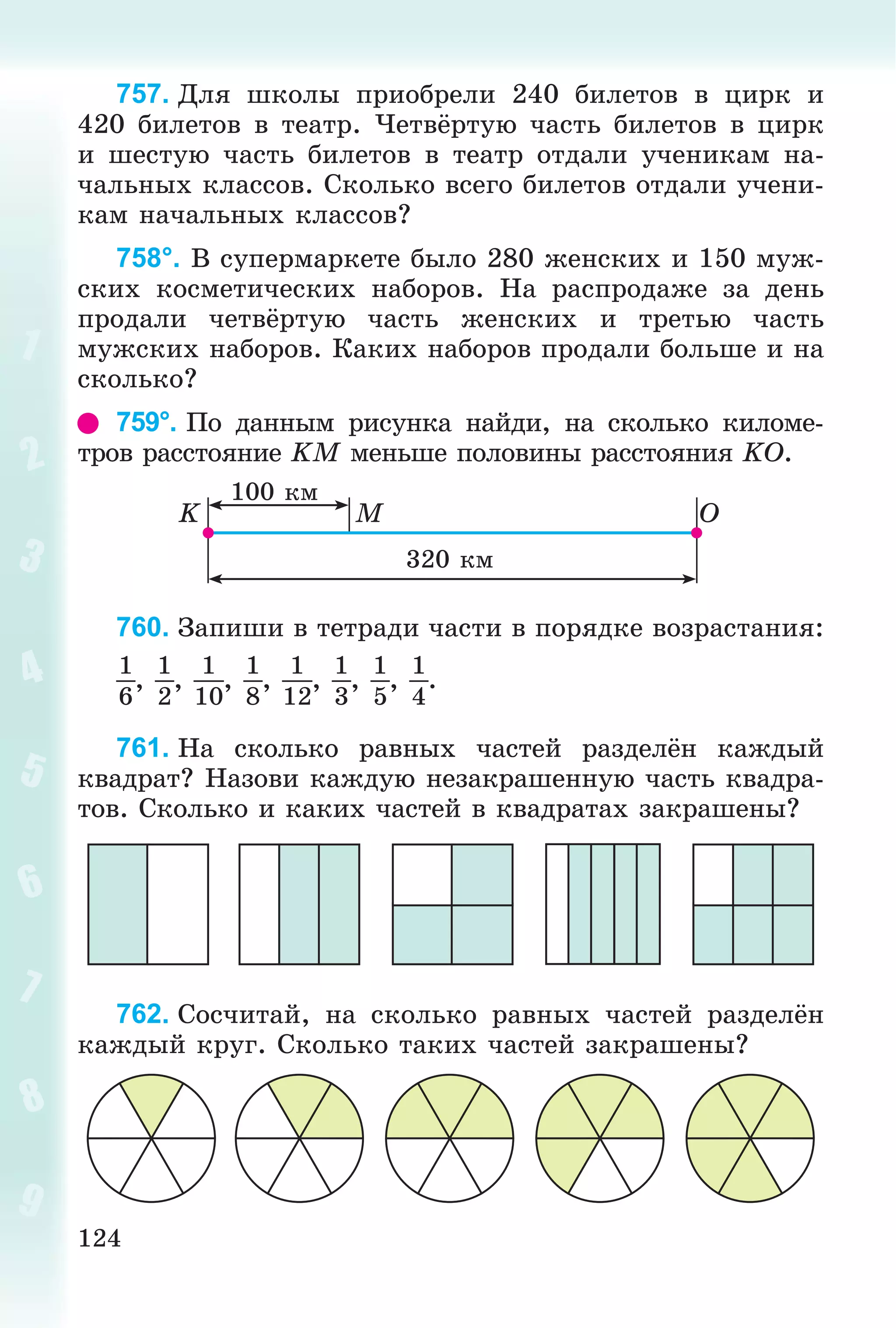 124
757. Äëÿ øêîëû ïðèîáðåëè 240 áèëåòîâ â öèðê è
420 áèëåòîâ â òåàòð. ×åòâёðòóþ ÷àñòü áèëåòîâ â öèðê
è øåñòóþ ÷àñòü áèëåòîâ â òåàòð îòäàëè ó÷åíèêàì íà-
÷àëüíûõ êëàññîâ. Ñêîëüêî âñåãî áèëåòîâ îòäàëè ó÷åíè-
êàì íà÷àëüíûõ êëàññîâ?
758°. Â ñóïåðìàðêåòå áûëî 280 æåíñêèõ è 150 ìóæ-
ñêèõ êîñìåòè÷åñêèõ íàáîðîâ. Íà ðàñïðîäàæå çà äåíü
ïðîäàëè ÷åòâёðòóþ ÷àñòü æåíñêèõ è òðåòüþ ÷àñòü
ìóæñêèõ íàáîðîâ. Êàêèõ íàáîðîâ ïðîäàëè áîëüøå è íà
ñêîëüêî?
759°. Ïî äàííûì ðèñóíêà íàéäè, íà ñêîëüêî êèëîìå-
òðîâ ðàññòîÿíèå KM ìåíüøå ïîëîâèíû ðàññòîÿíèÿ KO.
100 êì
320 êì
MK O
760. Çàïèøè â òåòðàäè ÷àñòè â ïîðÿäêå âîçðàñòàíèÿ:
1
6
,
1
2
,
1
10
,
1
8
,
1
12
,
1
3
,
1
5
,
1
4
.
761. Íà ñêîëüêî ðàâíûõ ÷àñòåé ðàçäåëёí êàæäûé
êâàäðàò? Íàçîâè êàæäóþ íåçàêðàøåííóþ ÷àñòü êâàäðà-
òîâ. Ñêîëüêî è êàêèõ ÷àñòåé â êâàäðàòàõ çàêðàøåíû?
762. Ñîñ÷èòàé, íà ñêîëüêî ðàâíûõ ÷àñòåé ðàçäåëёí
êàæäûé êðóã. Ñêîëüêî òàêèõ ÷àñòåé çàêðàøåíû?
 