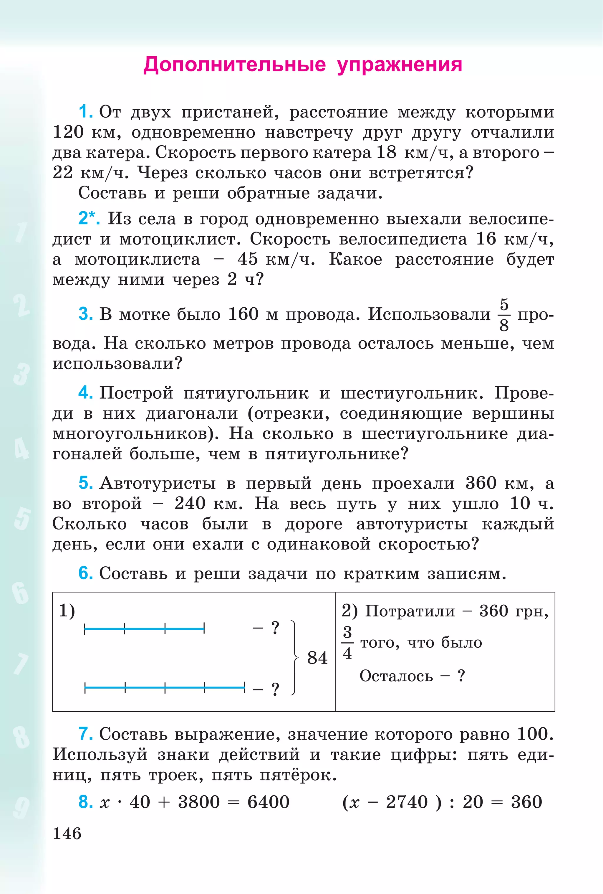 146
Дополнительные упражнения
1. Îò äâóõ ïðèñòàíåé, ðàññòîÿíèå ìåæäó êîòîðûìè
120 êì, îäíîâðåìåííî íàâñòðå÷ó äðóã äðóãó îò÷àëèëè
äâà êàòåðà. Ñêîðîñòü ïåðâîãî êàòåðà 18 êì/÷, à âòîðîãî –
22 êì/÷. ×åðåç ñêîëüêî ÷àñîâ îíè âñòðåòÿòñÿ?
Ñîñòàâü è ðåøè îáðàòíûå çàäà÷è.
2*. Èç ñåëà â ãîðîä îäíîâðåìåííî âûåõàëè âåëîñèïå-
äèñò è ìîòîöèêëèñò. Ñêîðîñòü âåëîñèïåäèñòà 16 êì/÷,
à ìîòîöèêëèñòà – 45 êì/÷. Êàêîå ðàññòîÿíèå áóäåò
ìåæäó íèìè ÷åðåç 2 ÷?
3. Â ìîòêå áûëî 160 ì ïðîâîäà. Èñïîëüçîâàëè
5
8
ïðî-
âîäà. Íà ñêîëüêî ìåòðîâ ïðîâîäà îñòàëîñü ìåíüøå, ÷åì
èñïîëüçîâàëè?
4. Ïîñòðîé ïÿòèóãîëüíèê è øåñòèóãîëüíèê. Ïðîâå-
äè â íèõ äèàãîíàëè (îòðåçêè, ñîåäèíÿþùèå âåðøèíû
ìíîãîóãîëüíèêîâ). Íà ñêîëüêî â øåñòèóãîëüíèêå äèà-
ãîíàëåé áîëüøå, ÷åì â ïÿòèóãîëüíèêå?
5. Àâòîòóðèñòû â ïåðâûé äåíü ïðîåõàëè 360 êì, à
âî âòîðîé – 240 êì. Íà âåñü ïóòü ó íèõ óøëî 10 ÷.
Ñêîëüêî ÷àñîâ áûëè â äîðîãå àâòîòóðèñòû êàæäûé
äåíü, åñëè îíè åõàëè ñ îäèíàêîâîé ñêîðîñòüþ?
6. Ñîñòàâü è ðåøè çàäà÷è ïî êðàòêèì çàïèñÿì.
1) 2) Ïîòðàòèëè – 360 ãðí,
3
4
òîãî, ÷òî áûëî
Îñòàëîñü – ?
– ?
– ?
84
7. Ñîñòàâü âûðàæåíèå, çíà÷åíèå êîòîðîãî ðàâíî 100.
Èñïîëüçóé çíàêè äåéñòâèé è òàêèå öèôðû: ïÿòü åäè-
íèö, ïÿòü òðîåê, ïÿòü ïÿòёðîê.
8. x ∙ 40 + 3800 = 6400 (x – 2740 ) : 20 = 360
 