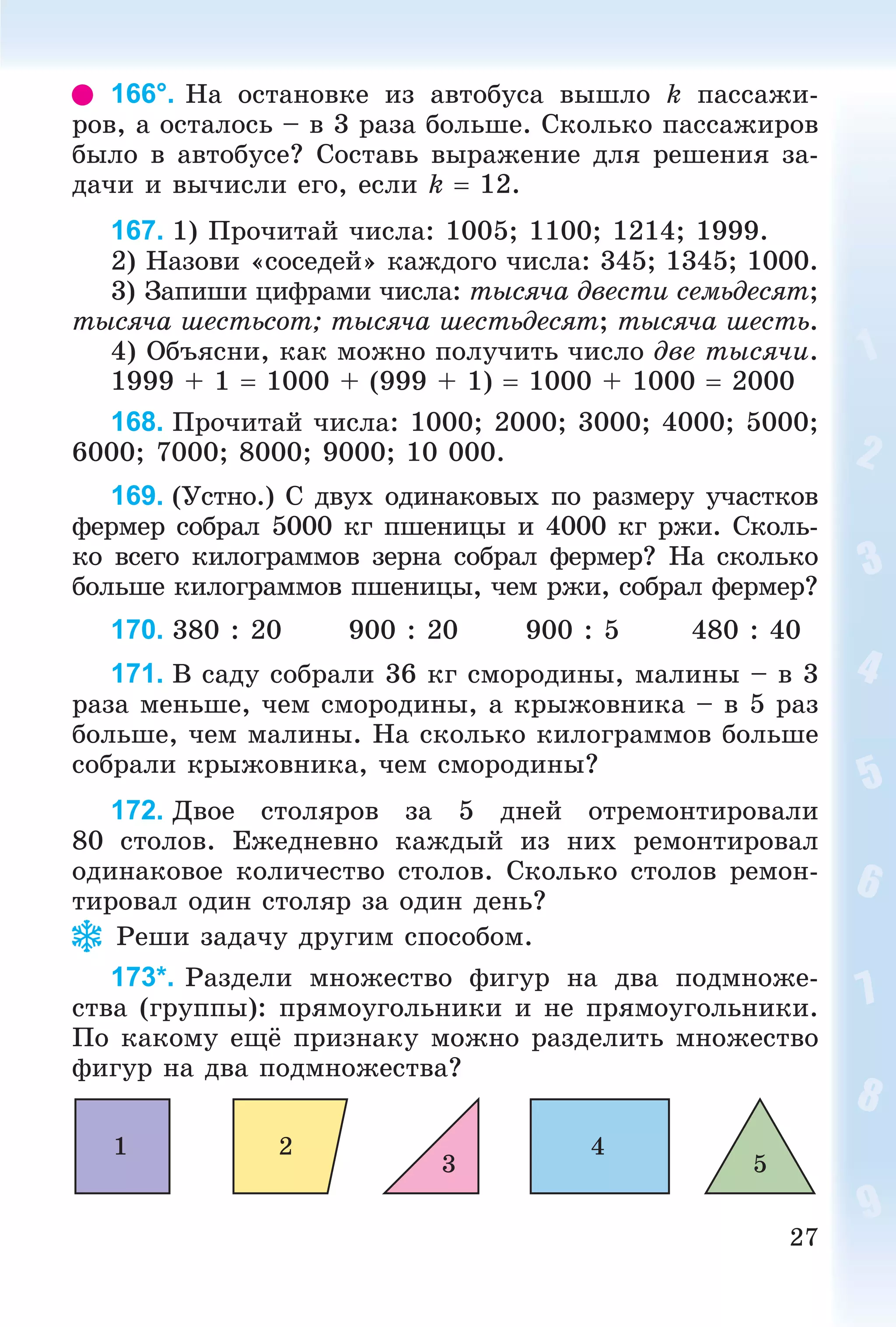 27
166°. Íà îñòàíîâêå èç àâòîáóñà âûøëî k ïàññàæè-
ðîâ, à îñòàëîñü – â 3 ðàçà áîëüøå. Ñêîëüêî ïàññàæèðîâ
áûëî â àâòîáóñå? Ñîñòàâü âûðàæåíèå äëÿ ðåøåíèÿ çà-
äà÷è è âû÷èñëè åãî, åñëè k  12.
167. 1) Ïðî÷èòàé ÷èñëà: 1005; 1100; 1214; 1999.
2) Íàçîâè «ñîñåäåé» êàæäîãî ÷èñëà: 345; 1345; 1000.
3) Çàïèøè öèôðàìè ÷èñëà: òûñÿ÷à äâåñòè ñåìüäåñÿò;
òûñÿ÷à øåñòüñîò; òûñÿ÷à øåñòüäåñÿò; òûñÿ÷à øåñòü.
4) Îáúÿñíè, êàê ìîæíî ïîëó÷èòü ÷èñëî äâå òûñÿ÷è.
1999 + 1  1000 + (999 + 1)  1000 + 1000  2000
168. Ïðî÷èòàé ÷èñëà: 1000; 2000; 3000; 4000; 5000;
6000; 7000; 8000; 9000; 10 000.
169. (Óñòíî.) Ñ äâóõ îäèíàêîâûõ ïî ðàçìåðó ó÷àñòêîâ
ôåðìåð ñîáðàë 5000 êã ïøåíèöû è 4000 êã ðæè. Ñêîëü-
êî âñåãî êèëîãðàììîâ çåðíà ñîáðàë ôåðìåð? Íà ñêîëüêî
áîëüøå êèëîãðàììîâ ïøåíèöû, ÷åì ðæè, ñîáðàë ôåðìåð?
170. 380 : 20 900 : 20 900 : 5 480 : 40
171. Â ñàäó ñîáðàëè 36 êã ñìîðîäèíû, ìàëèíû – â 3
ðàçà ìåíüøå, ÷åì ñìîðîäèíû, à êðûæîâíèêà – â 5 ðàç
áîëüøå, ÷åì ìàëèíû. Íà ñêîëüêî êèëîãðàììîâ áîëüøå
ñîáðàëè êðûæîâíèêà, ÷åì ñìîðîäèíû?
172. Äâîå ñòîëÿðîâ çà 5 äíåé îòðåìîíòèðîâàëè
80 ñòîëîâ. Åæåäíåâíî êàæäûé èç íèõ ðåìîíòèðîâàë
îäèíàêîâîå êîëè÷åñòâî ñòîëîâ. Ñêîëüêî ñòîëîâ ðåìîí-
òèðîâàë îäèí ñòîëÿð çà îäèí äåíü?
Ðåøè çàäà÷ó äðóãèì ñïîñîáîì.
173*. Ðàçäåëè ìíîæåñòâî ôèãóð íà äâà ïîäìíîæå-
ñòâà (ãðóïïû): ïðÿìîóãîëüíèêè è íå ïðÿìîóãîëüíèêè.
Ïî êàêîìó åùё ïðèçíàêó ìîæíî ðàçäåëèòü ìíîæåñòâî
ôèãóð íà äâà ïîäìíîæåñòâà?
1 2 4
3 5
 