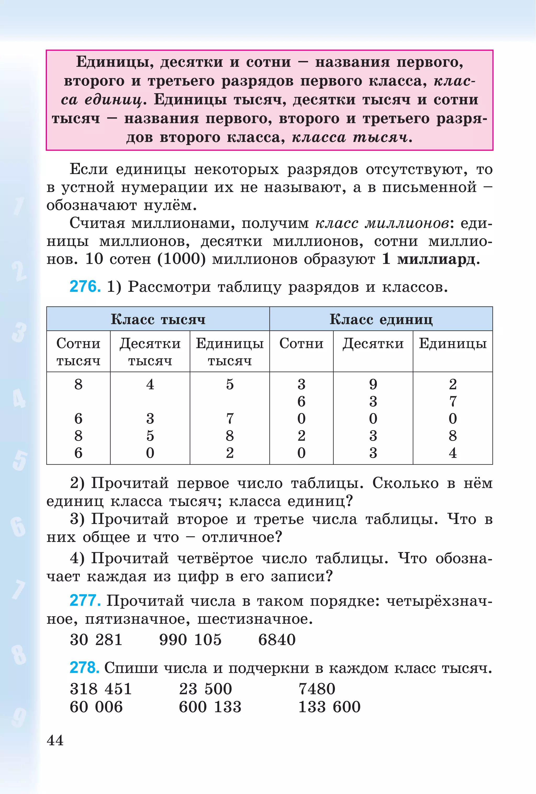 44
Åäèíèöû, äåñÿòêè è ñîòíè – íàçâàíèÿ ïåðâîãî,
âòîðîãî è òðåòüåãî ðàçðÿäîâ ïåðâîãî êëàññà, êëàñ-
ñà åäèíèö. Åäèíèöû òûñÿ÷, äåñÿòêè òûñÿ÷ è ñîòíè
òûñÿ÷ – íàçâàíèÿ ïåðâîãî, âòîðîãî è òðåòüåãî ðàçðÿ-
äîâ âòîðîãî êëàññà, êëàññà òûñÿ÷.
Åñëè åäèíèöû íåêîòîðûõ ðàçðÿäîâ îòñóòñòâóþò, òî
â óñòíîé íóìåðàöèè èõ íå íàçûâàþò, à â ïèñüìåííîé –
îáîçíà÷àþò íóëёì.
Ñ÷èòàÿ ìèëëèîíàìè, ïîëó÷èì êëàññ ìèëëèîíîâ: åäè-
íèöû ìèëëèîíîâ, äåñÿòêè ìèëëèîíîâ, ñîòíè ìèëëèî-
íîâ. 10 ñîòåí (1000) ìèëëèîíîâ îáðàçóþò 1 ìèëëèàðä.
276. 1) Ðàññìîòðè òàáëèöó ðàçðÿäîâ è êëàññîâ.
Êëàññ òûñÿ÷ Êëàññ åäèíèö
Ñîòíè
òûñÿ÷
Äåñÿòêè
òûñÿ÷
Åäèíèöû
òûñÿ÷
Ñîòíè Äåñÿòêè Åäèíèöû
8
6
8
6
4
3
5
0
5
7
8
2
3
6
0
2
0
9
3
0
3
3
2
7
0
8
4
2) Ïðî÷èòàé ïåðâîå ÷èñëî òàáëèöû. Ñêîëüêî â íёì
åäèíèö êëàññà òûñÿ÷; êëàññà åäèíèö?
3) Ïðî÷èòàé âòîðîå è òðåòüå ÷èñëà òàáëèöû. ×òî â
íèõ îáùåå è ÷òî – îòëè÷íîå?
4) Ïðî÷èòàé ÷åòâёðòîå ÷èñëî òàáëèöû. ×òî îáîçíà-
÷àåò êàæäàÿ èç öèôð â åãî çàïèñè?
277. Ïðî÷èòàé ÷èñëà â òàêîì ïîðÿäêå: ÷åòûðёõçíà÷-
íîå, ïÿòèçíà÷íîå, øåñòèçíà÷íîå.
30 281 990 105 6840
278. Ñïèøè ÷èñëà è ïîä÷åðêíè â êàæäîì êëàññ òûñÿ÷.
318 451 23 500 7480
60 006 600 133 133 600
 
