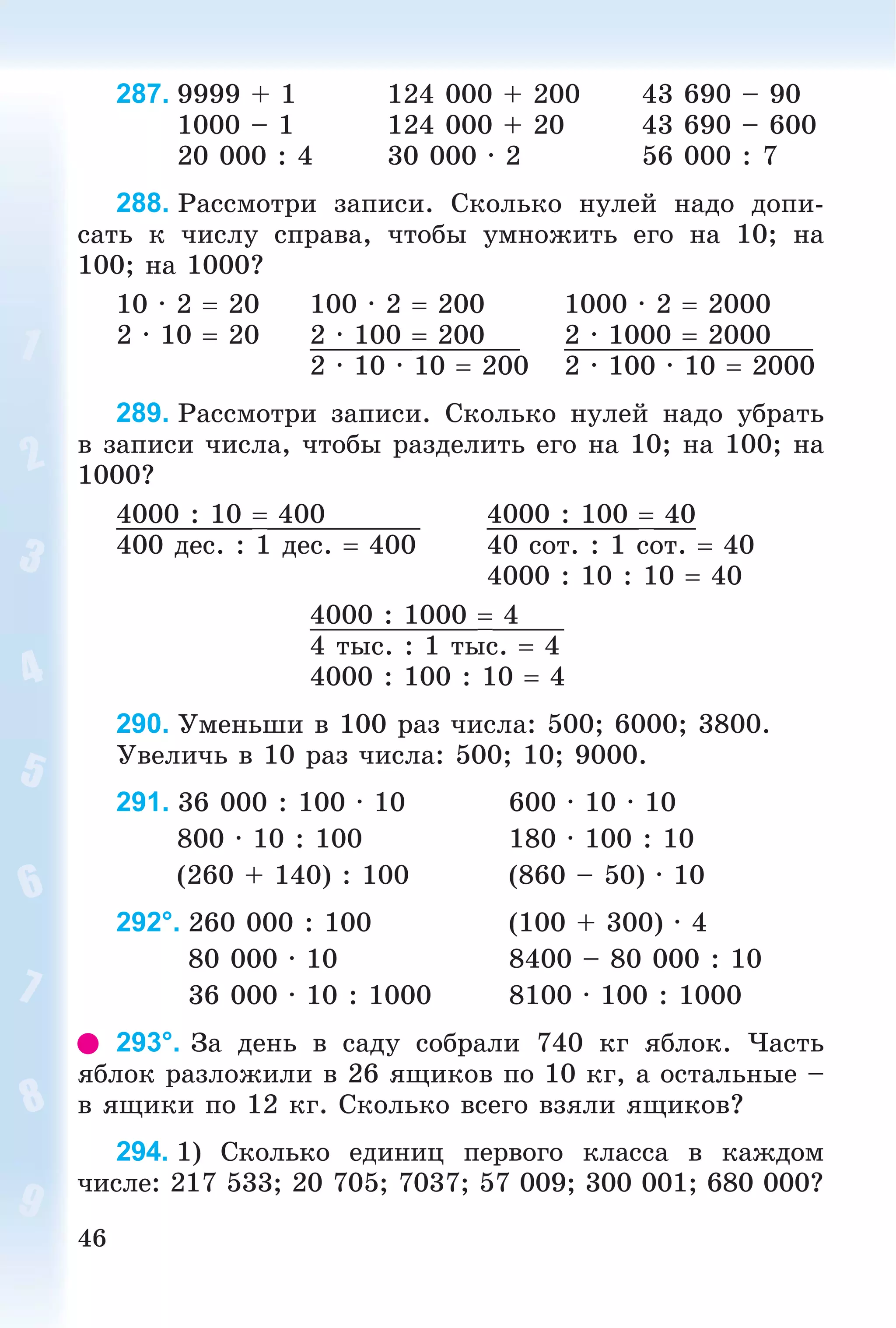 46
287. 9999 + 1 124 000 + 200 43 690 – 90
1000 – 1 124 000 + 20 43 690 – 600
20 000 : 4 30 000 · 2 56 000 : 7
288. Ðàññìîòðè çàïèñè. Ñêîëüêî íóëåé íàäî äîïè-
ñàòü ê ÷èñëó ñïðàâà, ÷òîáû óìíîæèòü åãî íà 10; íà
100; íà 1000?
10 · 2  20 100 · 2  200 1000 · 2  2000
2 · 10  20 2 · 100  200 2 · 1000  2000
2 · 10 · 10  200 2 · 100 · 10  2000
289. Ðàññìîòðè çàïèñè. Ñêîëüêî íóëåé íàäî óáðàòü
â çàïèñè ÷èñëà, ÷òîáû ðàçäåëèòü åãî íà 10; íà 100; íà
1000?
4000 : 10  400 4000 : 100  40
400 äåñ. : 1 äåñ.  400 40 ñîò. : 1 ñîò.  40
4000 : 10 : 10  40
4000 : 1000  4
4 òûñ. : 1 òûñ.  4
4000 : 100 : 10  4
290. Óìåíüøè â 100 ðàç ÷èñëà: 500; 6000; 3800.
Óâåëè÷ü â 10 ðàç ÷èñëà: 500; 10; 9000.
291. 36 000 : 100 · 10 600 · 10 · 10
800 · 10 : 100 180 · 100 : 10
(260 + 140) : 100 (860 – 50) · 10
292°. 260 000 : 100 (100 + 300) · 4
80 000 · 10 8400 – 80 000 : 10
36 000 · 10 : 1000 8100 · 100 : 1000
293°. Çà äåíü â ñàäó ñîáðàëè 740 êã ÿáëîê. ×àñòü
ÿáëîê ðàçëîæèëè â 26 ÿùèêîâ ïî 10 êã, à îñòàëüíûå –
â ÿùèêè ïî 12 êã. Ñêîëüêî âñåãî âçÿëè ÿùèêîâ?
294. 1) Ñêîëüêî åäèíèö ïåðâîãî êëàññà â êàæäîì
÷èñëå: 217 533; 20 705; 7037; 57 009; 300 001; 680 000?
 