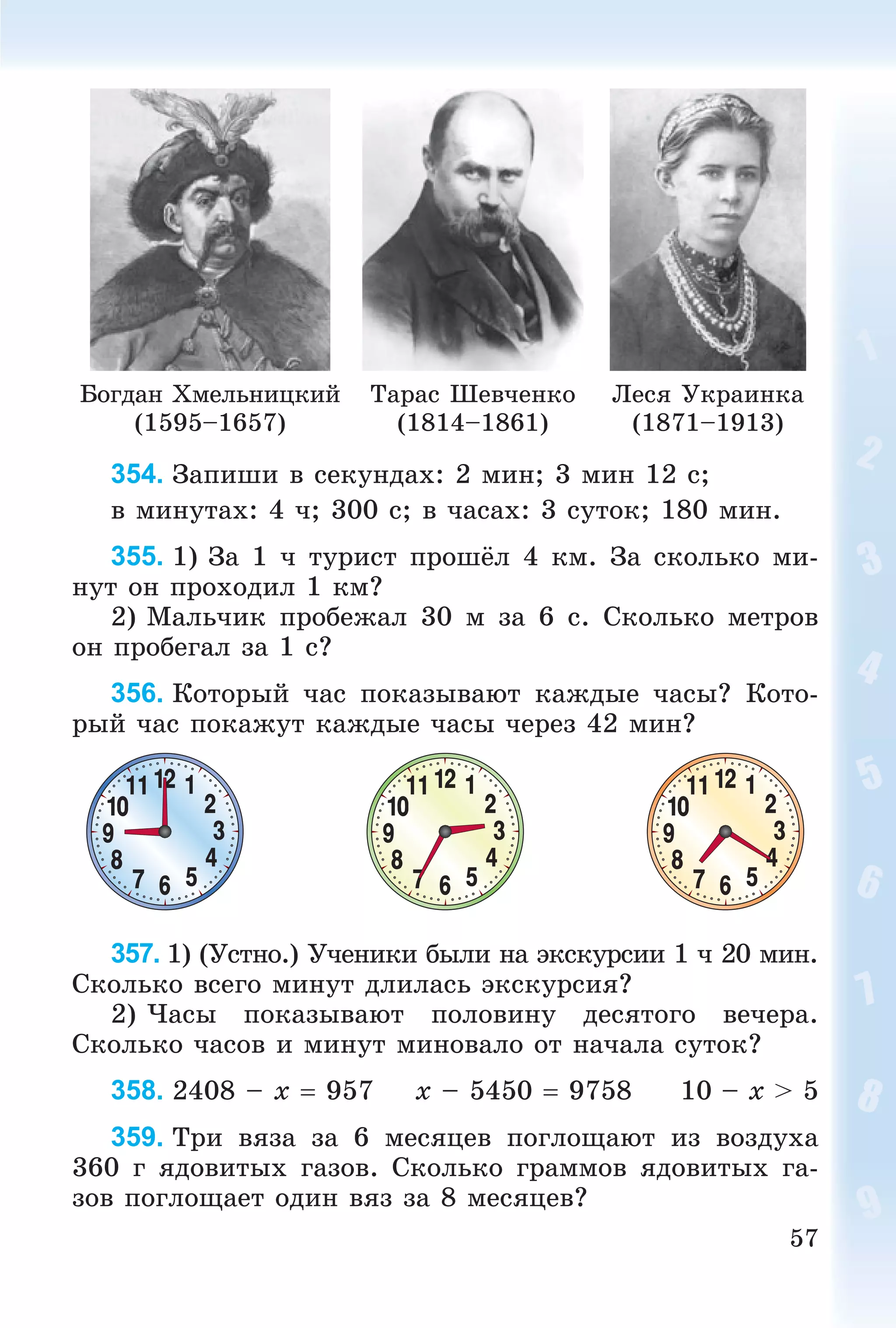 57
Áîãäàí Õìåëüíèöêèé
(1595–1657)
Òàðàñ Øåâ÷åíêî
(1814–1861)
Ëåñÿ Óêðàèíêà
(1871–1913)
354. Çàïèøè â ñåêóíäàõ: 2 ìèí; 3 ìèí 12 ñ;
â ìèíóòàõ: 4 ÷; 300 ñ; â ÷àñàõ: 3 ñóòîê; 180 ìèí.
355. 1) Çà 1 ÷ òóðèñò ïðîøёë 4 êì. Çà ñêîëüêî ìè-
íóò îí ïðîõîäèë 1 êì?
2) Ìàëü÷èê ïðîáåæàë 30 ì çà 6 ñ. Ñêîëüêî ìåòðîâ
îí ïðîáåãàë çà 1 ñ?
356. Êîòîðûé ÷àñ ïîêàçûâàþò êàæäûå ÷àñû? Êîòî-
ðûé ÷àñ ïîêàæóò êàæäûå ÷àñû ÷åðåç 42 ìèí?
357. 1) (Óñòíî.) Ó÷åíèêè áûëè íà ýêñêóðñèè 1 ÷ 20 ìèí.
Ñêîëüêî âñåãî ìèíóò äëèëàñü ýêñêóðñèÿ?
2) ×àñû ïîêàçûâàþò ïîëîâèíó äåñÿòîãî âå÷åðà.
Ñêîëüêî ÷àñîâ è ìèíóò ìèíîâàëî îò íà÷àëà ñóòîê?
358. 2408 – x  957 x – 5450  9758 10 – x > 5
359. Òðè âÿçà çà 6 ìåñÿöåâ ïîãëîùàþò èç âîçäóõà
360 ã ÿäîâèòûõ ãàçîâ. Ñêîëüêî ãðàììîâ ÿäîâèòûõ ãà-
çîâ ïîãëîùàåò îäèí âÿç çà 8 ìåñÿöåâ?
 