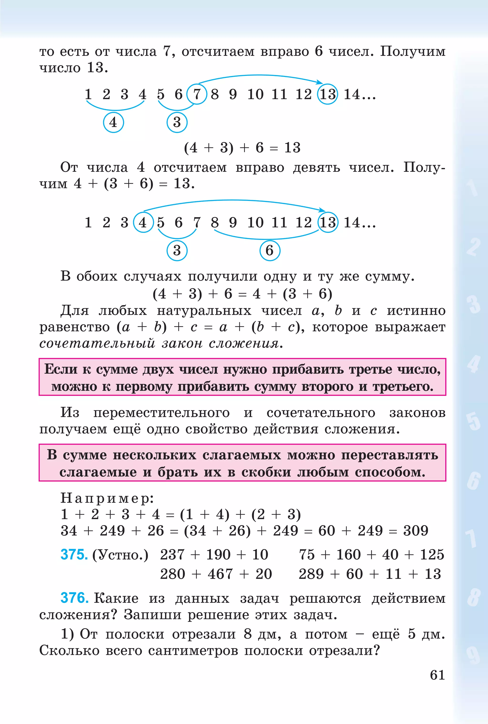 61
òî åñòü îò ÷èñëà 7, îòñ÷èòàåì âïðàâî 6 ÷èñåë. Ïîëó÷èì
÷èñëî 13.
1 2 3 4 5 6 7 8 9 10 11 12 13 14...
4 3
(4 + 3) + 6  13
Îò ÷èñëà 4 îòñ÷èòàåì âïðàâî äåâÿòü ÷èñåë. Ïîëó-
÷èì 4 + (3 + 6)  13.
1 2 3 4 5 6 7 8 9 10 11 12 13 14...
63
Â îáîèõ ñëó÷àÿõ ïîëó÷èëè îäíó è òó æå ñóììó.
(4 + 3) + 6  4 + (3 + 6)
Äëÿ ëþáûõ íàòóðàëüíûõ ÷èñåë a, b è c èñòèííî
ðàâåíñòâî (a + b) + c  a + (b + c), êîòîðîå âûðàæàåò
ñî÷åòàòåëüíûé çàêîí ñëîæåíèÿ.
Åñëè ê ñóììå äâóõ ÷èñåë íóæíî ïðèáàâèòü òðåòüå ÷èñëî,
ìîæíî ê ïåðâîìó ïðèáàâèòü ñóììó âòîðîãî è òðåòüåãî.
Èç ïåðåìåñòèòåëüíîãî è ñî÷åòàòåëüíîãî çàêîíîâ
ïîëó÷àåì åùё îäíî ñâîéñòâî äåéñòâèÿ ñëîæåíèÿ.
Â ñóììå íåñêîëüêèõ ñëàãàåìûõ ìîæíî ïåðåñòàâëÿòü
ñëàãàåìûå è áðàòü èõ â ñêîáêè ëþáûì ñïîñîáîì.
Í àïð èìå ð:
1 + 2 + 3 + 4  (1 + 4) + (2 + 3)
34 + 249 + 26  (34 + 26) + 249  60 + 249  309
375. (Óñòíî.) 237 + 190 + 10 75 + 160 + 40 + 125
280 + 467 + 20 289 + 60 + 11 + 13
376. Êàêèå èç äàííûõ çàäà÷ ðåøàþòñÿ äåéñòâèåì
ñëîæåíèÿ? Çàïèøè ðåøåíèå ýòèõ çàäà÷.
1) Îò ïîëîñêè îòðåçàëè 8 äì, à ïîòîì – åùё 5 äì.
Ñêîëüêî âñåãî ñàíòèìåòðîâ ïîëîñêè îòðåçàëè?
 