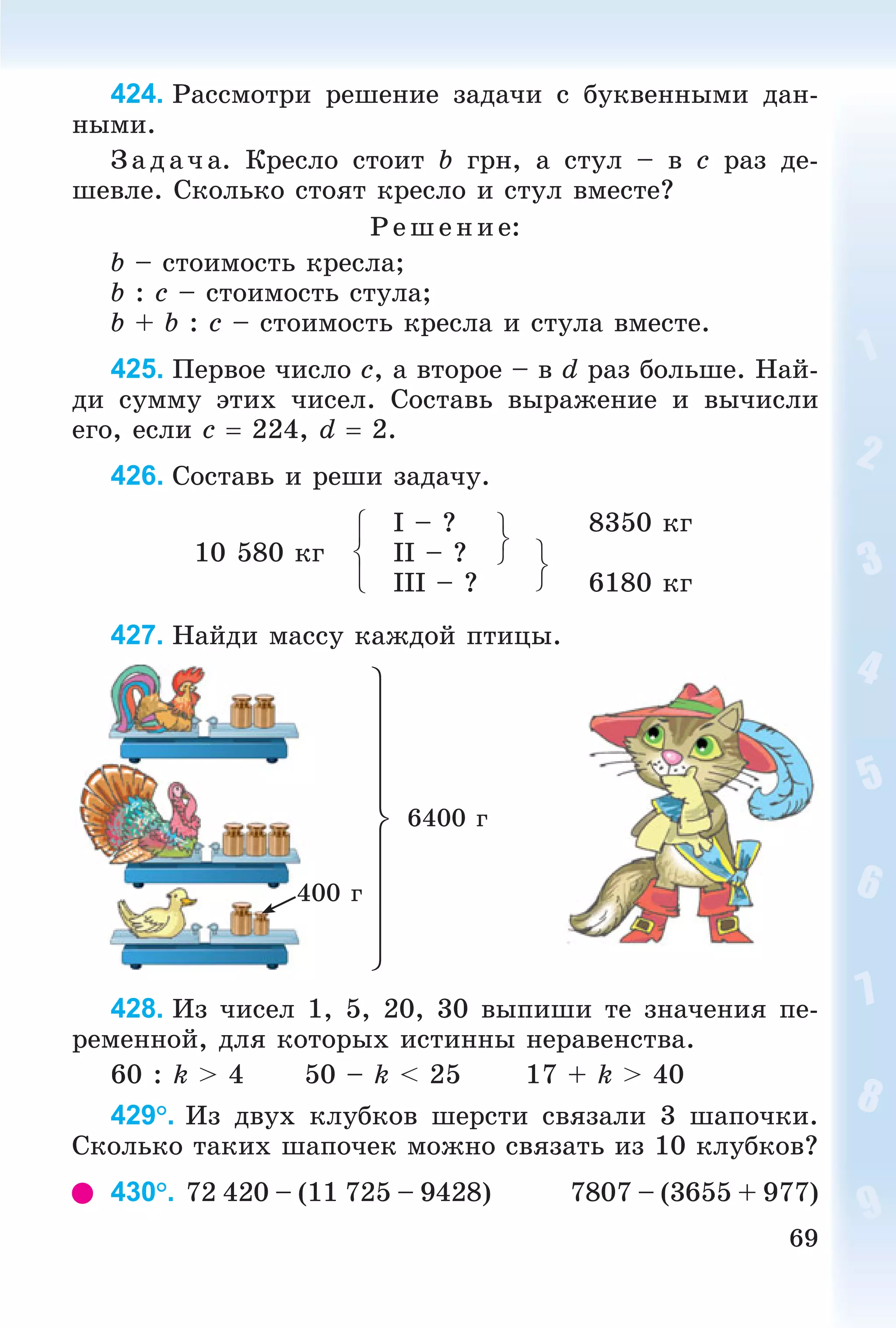 69
424. Ðàññìîòðè ðåøåíèå çàäà÷è ñ áóêâåííûìè äàí-
íûìè.
Ç àäà÷ à. Êðåñëî ñòîèò b ãðí, à ñòóë – â c ðàç äå-
øåâëå. Ñêîëüêî ñòîÿò êðåñëî è ñòóë âìåñòå?
Ð åø åíèå:
b – ñòîèìîñòü êðåñëà;
b : c – ñòîèìîñòü ñòóëà;
b + b : c – ñòîèìîñòü êðåñëà è ñòóëà âìåñòå.
425. Ïåðâîå ÷èñëî c, à âòîðîå – â d ðàç áîëüøå. Íàé-
äè ñóììó ýòèõ ÷èñåë. Ñîñòàâü âûðàæåíèå è âû÷èñëè
åãî, åñëè c  224, d  2.
426. Ñîñòàâü è ðåøè çàäà÷ó.
10 580 êã
І – ?
ІІ – ?
ІІІ – ?
8350 êã
6180 êã
427. Íàéäè ìàññó êàæäîé ïòèöû.
400 ã
6400 ã
428. Èç ÷èñåë 1, 5, 20, 30 âûïèøè òå çíà÷åíèÿ ïå-
ðåìåííîé, äëÿ êîòîðûõ èñòèííû íåðàâåíñòâà.
60 : k > 4 50 – k < 25 17 + k > 40
429°. Èç äâóõ êëóáêîâ øåðñòè ñâÿçàëè 3 øàïî÷êè.
Ñêîëüêî òàêèõ øàïî÷åê ìîæíî ñâÿçàòü èç 10 êëóáêîâ?
430°. 72 420 – (11 725 – 9428) 7807 – (3655 + 977)
 