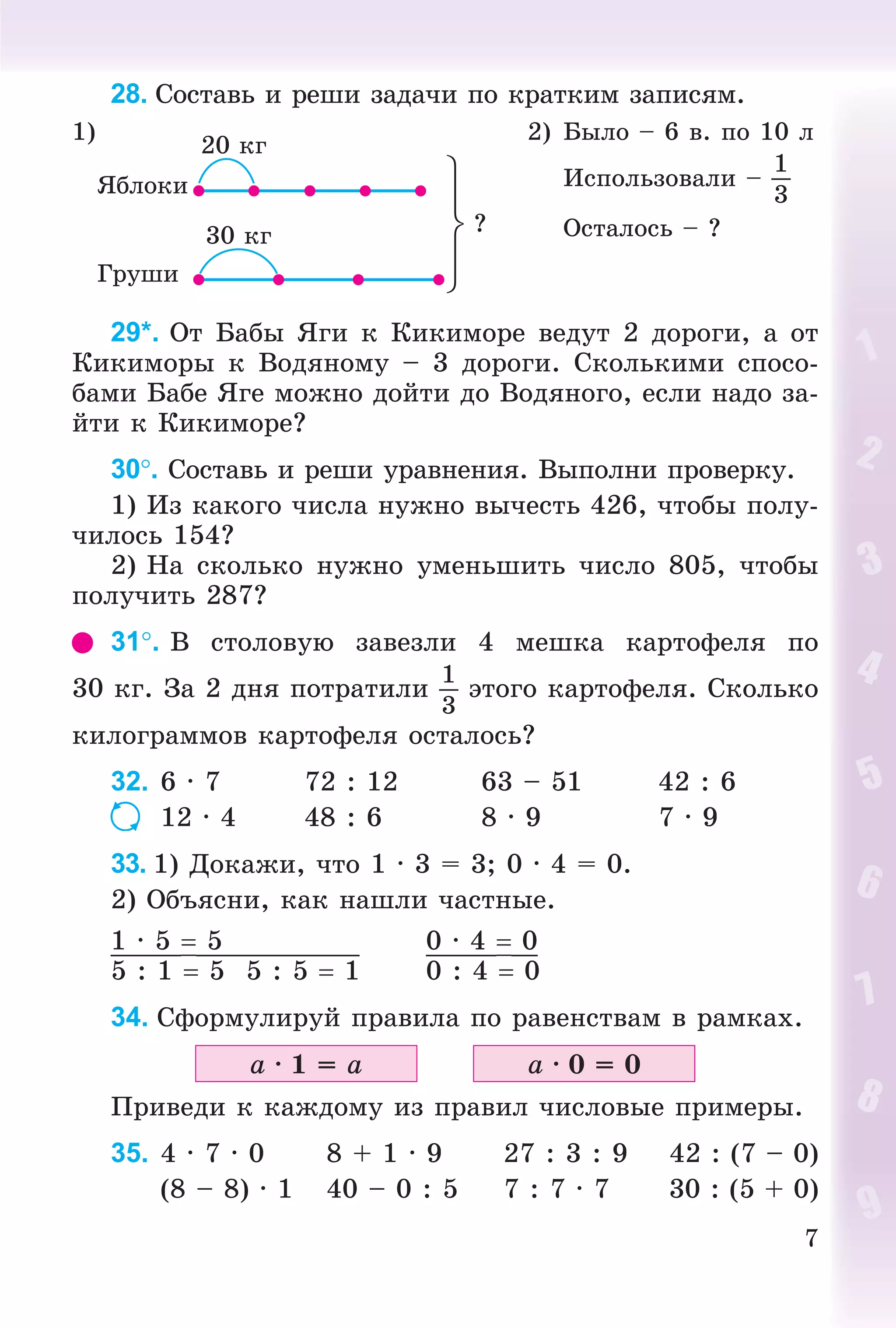 7
28. Ñîñòàâü è ðåøè çàäà÷è ïî êðàòêèì çàïèñÿì.
1)
?
2) Áûëî – 6 â. ïî 10 ë
Èñïîëüçîâàëè –
1
3
Îñòàëîñü – ?
29*. Îò Áàáû ßãè ê Êèêèìîðå âåäóò 2 äîðîãè, à îò
Êèêèìîðû ê Âîäÿíîìó – 3 äîðîãè. Ñêîëüêèìè ñïîñî-
áàìè Áàáå ßãå ìîæíî äîéòè äî Âîäÿíîãî, åñëè íàäî çà-
éòè ê Êèêèìîðå?
30. Ñîñòàâü è ðåøè óðàâíåíèÿ. Âûïîëíè ïðîâåðêó.
1) Èç êàêîãî ÷èñëà íóæíî âû÷åñòü 426, ÷òîáû ïîëó-
÷èëîñü 154?
2) Íà ñêîëüêî íóæíî óìåíüøèòü ÷èñëî 805, ÷òîáû
ïîëó÷èòü 287?
31. Â ñòîëîâóþ çàâåçëè 4 ìåøêà êàðòîôåëÿ ïî
30 êã. Çà 2 äíÿ ïîòðàòèëè
1
3
ýòîãî êàðòîôåëÿ. Ñêîëüêî
êèëîãðàììîâ êàðòîôåëÿ îñòàëîñü?
32. 6 · 7 72 : 12 63 – 51 42 : 6
12 · 4 48 : 6 8 · 9 7 · 9
33. 1) Äîêàæè, ÷òî 1 · 3 = 3; 0 · 4 = 0.
2) Îáúÿñíè, êàê íàøëè ÷àñòíûå.
1 · 5  5 0 · 4  0
5 : 1  5 5 : 5  1 0 : 4  0
34. Ñôîðìóëèðóé ïðàâèëà ïî ðàâåíñòâàì â ðàìêàõ.
a · 1 = a a · 0 = 0
Ïðèâåäè ê êàæäîìó èç ïðàâèë ÷èñëîâûå ïðèìåðû.
35. 4 · 7 · 0 8 + 1 · 9 27 : 3 : 9 42 : (7 – 0)
(8 – 8) · 1 40 – 0 : 5 7 : 7 · 7 30 : (5 + 0)
 