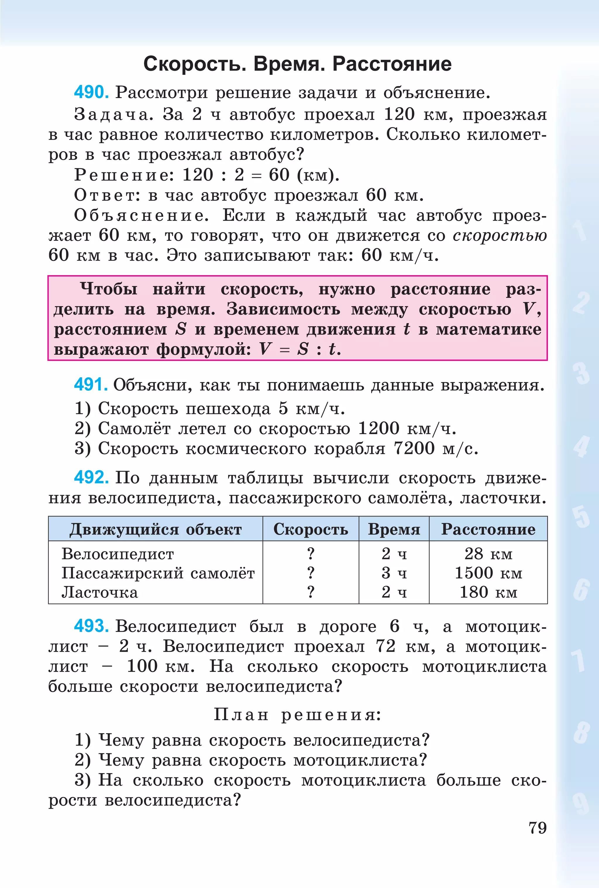 79
Скорость. Время. Расстояние
490. Ðàññìîòðè ðåøåíèå çàäà÷è è îáúÿñíåíèå.
Ç àä à÷ à. Çà 2 ÷ àâòîáóñ ïðîåõàë 120 êì, ïðîåçæàÿ
â ÷àñ ðàâíîå êîëè÷åñòâî êèëîìåòðîâ. Ñêîëüêî êèëîìåò-
ðîâ â ÷àñ ïðîåçæàë àâòîáóñ?
Ð åø åíèå: 120 : 2  60 (êì).
Î òâ åò: â ÷àñ àâòîáóñ ïðîåçæàë 60 êì.
Î á ú ÿñ íåí èå. Åñëè â êàæäûé ÷àñ àâòîáóñ ïðîåç-
æàåò 60 êì, òî ãîâîðÿò, ÷òî îí äâèæåòñÿ ñî ñêîðîñòüþ
60 êì â ÷àñ. Ýòî çàïèñûâàþò òàê: 60 êì/÷.
×òîáû íàéòè ñêîðîñòü, íóæíî ðàññòîÿíèå ðàç-
äåëèòü íà âðåìÿ. Çàâèñèìîñòü ìåæäó ñêîðîñòüþ V,
ðàññòîÿíèåì S è âðåìåíåì äâèæåíèÿ t â ìàòåìàòèêå
âûðàæàþò ôîðìóëîé: V  S : t.
491. Îáúÿñíè, êàê òû ïîíèìàåøü äàííûå âûðàæåíèÿ.
1) Ñêîðîñòü ïåøåõîäà 5 êì/÷.
2) Ñàìîëёò ëåòåë ñî ñêîðîñòüþ 1200 êì/÷.
3) Ñêîðîñòü êîñìè÷åñêîãî êîðàáëÿ 7200 ì/ñ.
492. Ïî äàííûì òàáëèöû âû÷èñëè ñêîðîñòü äâèæå-
íèÿ âåëîñèïåäèñòà, ïàññàæèðñêîãî ñàìîëёòà, ëàñòî÷êè.
Äâèæóùèéñÿ îáúåêò Ñêîðîñòü Âðåìÿ Ðàññòîÿíèå
Âåëîñèïåäèñò
Ïàññàæèðñêèé ñàìîëёò
Ëàñòî÷êà
?
?
?
2 ÷
3 ÷
2 ÷
28 êì
1500 êì
180 êì
493. Âåëîñèïåäèñò áûë â äîðîãå 6 ÷, à ìîòîöèê-
ëèñò – 2 ÷. Âåëîñèïåäèñò ïðîåõàë 72 êì, à ìîòîöèê-
ëèñò – 100 êì. Íà ñêîëüêî ñêîðîñòü ìîòîöèêëèñòà
áîëüøå ñêîðîñòè âåëîñèïåäèñòà?
Ïëàí ðåø åíèÿ:
1) ×åìó ðàâíà ñêîðîñòü âåëîñèïåäèñòà?
2) ×åìó ðàâíà ñêîðîñòü ìîòîöèêëèñòà?
3) Íà ñêîëüêî ñêîðîñòü ìîòîöèêëèñòà áîëüøå ñêî-
ðîñòè âåëîñèïåäèñòà?
 