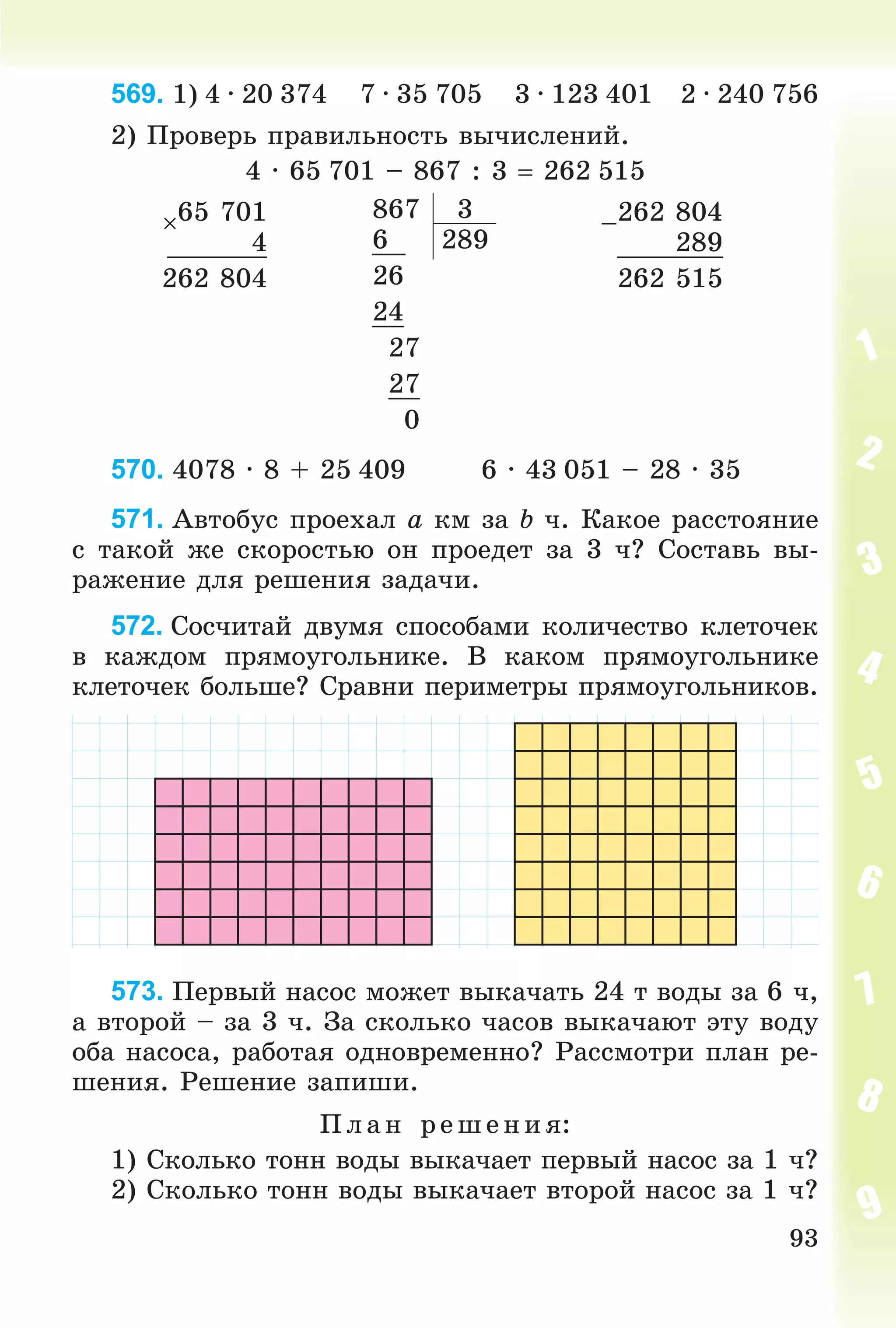 93
569. 1) 4 ∙ 20 374 7 ∙ 35 705 3 ∙ 123 401 2 ∙ 240 756
2) Ïðîâåðü ïðàâèëüíîñòü âû÷èñëåíèé.
4 ∙ 65 701 – 867 : 3  262 515
65 701 867 3
–262 804
4 6 289 289
262 804 26 262 515
24
27
27
0
570. 4078 ∙ 8 + 25 409 6 ∙ 43 051 – 28 ∙ 35
571. Àâòîáóñ ïðîåõàë a êì çà b ÷. Êàêîå ðàññòîÿíèå
ñ òàêîé æå ñêîðîñòüþ îí ïðîåäåò çà 3 ÷? Ñîñòàâü âû-
ðàæåíèå äëÿ ðåøåíèÿ çàäà÷è.
572. Ñîñ÷èòàé äâóìÿ ñïîñîáàìè êîëè÷åñòâî êëåòî÷åê
â êàæäîì ïðÿìîóãîëüíèêå. Â êàêîì ïðÿìîóãîëüíèêå
êëåòî÷åê áîëüøå? Ñðàâíè ïåðèìåòðû ïðÿìîóãîëüíèêîâ.
573. Ïåðâûé íàñîñ ìîæåò âûêà÷àòü 24 ò âîäû çà 6 ÷,
à âòîðîé – çà 3 ÷. Çà ñêîëüêî ÷àñîâ âûêà÷àþò ýòó âîäó
îáà íàñîñà, ðàáîòàÿ îäíîâðåìåííî? Ðàññìîòðè ïëàí ðå-
øåíèÿ. Ðåøåíèå çàïèøè.
Ïëàí ðåø åíèÿ:
1) Ñêîëüêî òîíí âîäû âûêà÷àåò ïåðâûé íàñîñ çà 1 ÷?
2) Ñêîëüêî òîíí âîäû âûêà÷àåò âòîðîé íàñîñ çà 1 ÷?
 