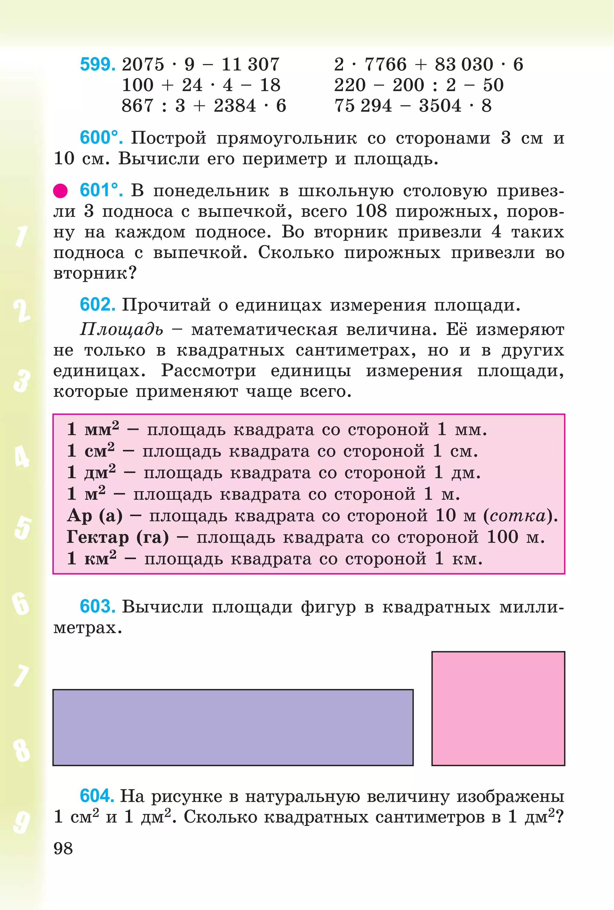 98
599. 2075 ∙ 9 – 11 307 2 ∙ 7766 + 83 030 ∙ 6
100 + 24 ∙ 4 – 18 220 – 200 : 2 – 50
867 : 3 + 2384 ∙ 6 75 294 – 3504 ∙ 8
600°. Ïîñòðîé ïðÿìîóãîëüíèê ñî ñòîðîíàìè 3 ñì è
10 ñì. Âû÷èñëè åãî ïåðèìåòð è ïëîùàäü.
601°. Â ïîíåäåëüíèê â øêîëüíóþ ñòîëîâóþ ïðèâåç-
ëè 3 ïîäíîñà ñ âûïå÷êîé, âñåãî 108 ïèðîæíûõ, ïîðîâ-
íó íà êàæäîì ïîäíîñå. Âî âòîðíèê ïðèâåçëè 4 òàêèõ
ïîäíîñà ñ âûïå÷êîé. Ñêîëüêî ïèðîæíûõ ïðèâåçëè âî
âòîðíèê?
602. Ïðî÷èòàé î åäèíèöàõ èçìåðåíèÿ ïëîùàäè.
Ïëîùàäü – ìàòåìàòè÷åñêàÿ âåëè÷èíà. Åё èçìåðÿþò
íå òîëüêî â êâàäðàòíûõ ñàíòèìåòðàõ, íî è â äðóãèõ
åäèíèöàõ. Ðàññìîòðè åäèíèöû èçìåðåíèÿ ïëîùàäè,
êîòîðûå ïðèìåíÿþò ÷àùå âñåãî.
1 ìì2 – ïëîùàäü êâàäðàòà ñî ñòîðîíîé 1 ìì.
1 ñì2 – ïëîùàäü êâàäðàòà ñî ñòîðîíîé 1 ñì.
1 äì2 – ïëîùàäü êâàäðàòà ñî ñòîðîíîé 1 äì.
1 ì2 – ïëîùàäü êâàäðàòà ñî ñòîðîíîé 1 ì.
Àð (à) – ïëîùàäü êâàäðàòà ñî ñòîðîíîé 10 ì (ñîòêà).
Ãåêòàð (ãà) – ïëîùàäü êâàäðàòà ñî ñòîðîíîé 100 ì.
1 êì2 – ïëîùàäü êâàäðàòà ñî ñòîðîíîé 1 êì.
603. Âû÷èñëè ïëîùàäè ôèãóð â êâàäðàòíûõ ìèëëè-
ìåòðàõ.
604. Íà ðèñóíêå â íàòóðàëüíóþ âåëè÷èíó èçîáðàæåíû
1 ñì2 è 1 äì2. Ñêîëüêî êâàäðàòíûõ ñàíòèìåòðîâ â 1 äì2?
 