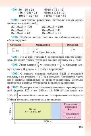 169
1094.36 · 28 : 24 6048 : 72 : 12
(36 + 28) · 24 6048 : (72 : 12)
4085 + 32 · 85 (4085 + 32) · 85
1095*. Âîññòàíîâè ðàâåíñòâà, âñòàâëÿÿ çíàêè àðèô-
ìåòè÷åñêèõ äåéñòâèé.
27...9...3  729 27...9...3  240
27...9...3  1 27...9...3  9
27...9...3  54 27...9...3  12
1096. Ïîäáåðè ÷èñëà. Ñîñòàâü ïî òàáëèöå çàäà÷ó î
ñáîðå îãóðöîâ.
Ñîáðàëè Îòïðàâèëè Îñòàëîñü
êã
І – êã
ІІ – ?, â 5 ðàç áîëüøå
?
1097*. Íà a ãðí êóïèëè b îäèíàêîâûõ îáùèõ òåòðà-
äåé. Ñêîëüêî òàêèõ òåòðàäåé ìîæíî êóïèòü íà c ãðí?
1098. Óðîê äëèòñÿ
2
3
÷, ïåðåìåíà –
1
6
÷. Ñêîëüêî ìè-
íóò äëÿòñÿ 3 óðîêà è 2 òàêèå ïåðåìåíû?
1099°. Ñ îäíîãî ó÷àñòêà ñîáðàëè 5428 ö ñòîëîâîé
ñâёêëû, à ñî âòîðîãî – â 7 ðàç áîëüøå. ×åòâёðòóþ ÷àñòü
âñåé ñâёêëû îòïðàâèëè â îâîùåõðàíèëèùå. Ñêîëüêî
öåíòíåðîâ ñâёêëû îòïðàâèëè â îâîùåõðàíèëèùå?
1100°. Ðàçìåðû ñïîðòèâíîãî êîìïëåêñà ïðÿìîóãîëü-
íîé ôîðìû 125 ì íà 350 ì. 14 950 ì2 çàíèìàåò êà-
òîê, à
2
3
îñòàâøåéñÿ ïëîùàäè – ñïîðòèâíûå ïëîùàäêè.
Íàéäè ïëîùàäü ñïîðòèâíûõ ïëîùàäîê.
350 ì
125ì
Êàòîê
S  14 950 ì2
Ñïîðòèâíûå
ïëîùàäêè
S – ?,
2
3
îñòàâøåéñÿ
ïëîùàäè
 