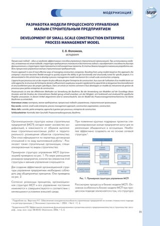 МОДЕРНИЗАЦИЯ


                 РАЗРАБОТКА МОДЕЛИ ПРОЦЕССНОГО УПРАВЛЕНИЯ
                     МАЛЫМ СТРОИТЕЛЬНЫМ ПРЕДПРИЯТИЕМ

          DEVELOPMENT OF SMALL-SCALE CONSTRUCTION ENTERPRISE
                     PROCESS MANAGEMENT MODEL

                                                              Е. В. Фоломеев,
                                                                 аспирант

Процессный подход – один из наиболее эффективных способов управления строительной организацией. При использовании моде-
лей, основанных на этом подходе, структура предприятия становится достаточно гибкой и приобретает способность быстро
функционально и структурно перестраиваться под конкретные проекты. В статье демонстрируется механизм разработки мо-
дели процессного управления малым строительным предприятием.
Process approach is one of most effective ways of managing construction companies. Resulting from using models based on this approach, the
company’s structure becomes flexible enough to quickly acquire the ability to get functionally and structurally tuned for specific projects. It is
demonstrated in this article how to develop a process management model mechanism for a small-scale construction company.
L’approche par processus est un des moyens les plus efficaces de gérer l’entreprise de construction. Aux cours de l’utilisation d’un modèle basés sur
cette approche, la structure de l’entreprise devient suffisamment souple pour acquérir rapidement la capacité de se réorganiser fonctionnellement
et structurellement pour des projets spécifiques. Dans cet article on montre comment il faut développer un modèle du mécanisme de gestion de
processus pour petites entreprises de construction.
Prozessansatz ist eine der effektivsten Methoden zur Verwaltung der Baufirma. Bei der Verwendung von Modellen auf der Grundlage dieses
Ansatzes wird die Struktur des Unternehmens flexibel genug schnell erwerben, um die Fähigkeit, sich funktionell und strukturell für spezifische
Projekte umzusetzen. In diesem Artikel abgestimmt wird es veranschaulicht, wie ein Modell des Prozessmanagementmechanismus für kleine
Baufirmen zu entwickeln.
Ключевые слова: контроль, малое предприятие, процессный подход к управлению, строительная организация.
Key words: control, small-scale enterprise, process management approach, construction organization, construction.
Mots clefs: contrôle, petite entreprise, approche à gestion par processus, entreprise de construction.
Schlüsselwörter: Kontrolle, klein Geschäft, Prozessverwaltungsansatz, Baufirma.



Организационная структура малых строительных                                 При появлении крупных подрядных проектов спе-
предприятий (МСП) сегодня имеет множество мо-                                циализированные малые предприятия могут для их
дификаций, в зависимости от объемов выполня-                                 реализации объединяться в ассоциации. Наибо-
емых строительно-монтажных работ и террито-                                  лее эффективно создавать их на основе сетевой
риального размещения объектов строительства.                                 структуры 2.
Они классифицируются по характеру договорных
отношений и по виду выполняемой работы 1. Раз-
личают также строительные организации, специ-
ализированные по видам строительства.
Примерная структура управления МСП (органи-
зацией) приведена на рис. 1. По мере уменьшения
размеров предприятия, количество элементов этой
структуры и звеньев управления сокращается.
Для создания эффективной организационной струк-
туры управления предприятием необходимо соблю-
дать ряд общепринятых принципов. Они приведены
на рис. 2.
                                                                                   Рис. 1. Примерная структура управления МСП
Согласно указанным принципам, организацион-
ная структура МСП и его управление постоянно                                 Рассмотрим процессы в бизнес-модели МСП. Ос-
изменяются и совершенствуются в соответствии с                               новная особенность бизнес-модели МСП при про-
меняющимися условиями внешней среды.                                         цессном подходе заключается в том, что структура


1
  Подробнее см.: Верстина Н.Г. Обеспечение конкурентоспособности строительных предприятий на основе стоимостного подхода
к их реструктуризации // Экономика строительства. – 2004. – № 4. – С. 6.
2
  Бордаченков И.В. Эффективное управление функционированием и развитием малого предпринимательства в строительстве: авто-
реф... канд. экон. наук: 08.00.05. Махачкала, 2006. – С. 6.
                                                                                                                                                        35
 