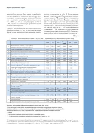 Научно-практический журнал                                                                                 март-май 2012



период сбора урожая. Зато индекс потребитель-                    которая представлена в табл. 1. Статистические
ских цен возрастал неизменно, значительно опе-                   данные, представленные Министерством экономи-
режая рост реальных доходов населения. Послед-                   ческого развития РФ, весьма близки к показателям
ние в некоторые месяцы были значительно ниже,                    Центрального банка России. Так, за январь-август
чем в 2010 г., и только в августе их рост составил               2011 г. индекс промышленного производства обо-
1,4%, что явно не соответствует провозглашенной                  значен в 105,4% по отношению к соответствующему
социальной программе.                                            периоду 2010 г. Цены производителей промышлен-
                                                                 ных товаров выросли на 11,5%. Реальная зарплата
Если рост потребительских цен опережает доходы                   поднялась на 2,3%, а реально располагаемые де-
населения почти в 6–7 раз, то мы имеем в стране                  нежные доходы даже снизились на 0,7%. Однако до-
другую, более мрачную картину инфляции, чем ту,                  ходы наиболее обеспеченных граждан России растут 1.
                                                                                                                  Таблица 1

       Основные экономические показатели в 2011 г. (в % к соответствующему периоду предыдущего года)

                                                                                               I полу-
                                                                    март      I кв.   июнь                 авг.     сент.
                                                                                                годие
       Индекс выпуска товаров и услуг по базо-
  1                                                                 103,3     104,3   104,2     103,9     106,5
       вым видам экономической деятельности*
  2    Индекс промышленного производства                            105,3     105,9   105,7     105,3     106,2
  3    Индекс производства продукции сельского хозяйства            100,7     100,7   101,0     100,7     113.3
  4    Грузооборот транспорта                                       101,7     103,9   107,5     104,5     101,8
  5    Инвестиции в основной капитал                                 99,7     99,2    104,9     102,7     106,5
  6    Оборот розничной торговли                                    105,1     105,0   105,9     105,4     107,8
       Индекс потребительских цен                                   109,5     109,5   109,4     109,5     108,2    107,2
  7
       в % к декабрю предыдущего года                               103,8             105,0               104,7    104,7
  8    Базовая инфляция, в % к декабрю предыдущего года             102,5             103,8               104,6    105,1
       Индекс цен производителей промышленных то-
  9                                                                 107,0             107,8               111,5
       варов в % к декабрю предыдущего года
       Общий уровень безработицы (по методологии МОТ), % к
  10                                                                 7,1               6,1                 6,1
       экономически активному населению, на конец периода
  11   Реальные располагаемые денежные доходы                        97,8     99,8    102,1     98,8      101,4
  12   Расходы на покупку товаров и услуг**                         105,9     107,9   105,9     106,8     107,9
       Цена на нефть сорта «Юралс» ***
  13   долларов США за баррель                                      111,6     102,6   112,0     108,3     109.6    112,6
       в % к соответствующему периоду предыдущего года
       Экспорт товаров****
       млрд. долл. США                                               43,8     114,2   44,8      249,4      44,6
  14   в % к соответствующему периоду предыдущего года              128,8     123,8   138,4     131,3
       В том числе экспорт нефти
       в % к соответствующему периоду предыдущего года              135,3     124,9   151,0     132,9
       Импорт товаров****
  15   млрд. долл. США                                               26,9     64,9    27,5      147,2      29,9
       в % к соответствующему периоду предыдущего года              143.0     141,9   140,0     141.7     125.5

Источник: Федеральная служба государственной статистики, Банк России.
* Исчисляется на основе данных об изменении физического объема производства продукции сельско-
го хозяйства, добычи полезных ископаемых, обрабатывающих производств, производства и распределе-
ния электроэнергии, газа и воды, строительства, транспорта, розничной и оптовой торговли.
** Оценка.
*** Рассчитано по данным агентства «Рейтер», в среднем за период.
**** По методологии платежного баланса (по состоянию на 14 января 2011 г.).

1
  В текстуальном изложении и в таблицах Минэкономразвития РФ содержатся еще более скромные цифры. Так, на стр. 9 отчета ре-
альная заработная плата в августе выросла лишь на 0,4%, а реально располагаемые доходы населения лишь на 0,1%. Инвестиции
в основной капитал в I квартале снизились на 15,5, в июле на – 0,9%, и лишь в августе выросла на 0,5%.
                                                                                                                              47
 