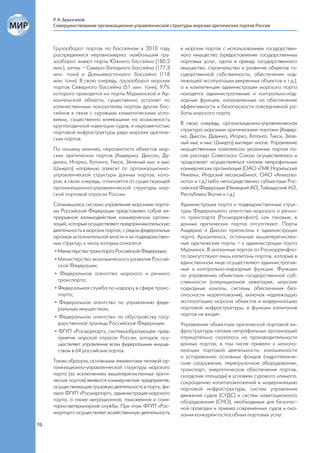 Р. А. Брызгалов
     Совершенствование организационно-управленческой структуры морских арктических портов России



     Грузооборот портов по бассейнам в 2010 году          в морских портах с использованием государствен-
     распределился неравномерно: наибольший гру-          ного имущества (предоставление государственных
     зооборот имеют порты Южного бассейна (180,2          портовых услуг, сдача в аренду государственного
     млн.), затем – Северо-Западного бассейна (177,3      имущества, строительство и развитие объектов го-
     млн. тонн) и Дальневосточного бассейна (118          сударственной собственности, обеспечение над-
     млн. тонн). В свою очередь, грузооборот морских      лежащей эксплуатации вверенных объектов и т.д.),
     портов Северного бассейна (51 млн. тонн), 97%        а в компетенции администрации морского порта
     которого приходится на порты Мурманской и Ар-        находятся административные и контрольно-над-
     хангельской области, существенно уступает по         зорные функции, направленные на обеспечение
     количественным показателям портам других бас-        эффективности и безопасности повседневной ра-
     сейнов в связи с суровыми климатическими усло-       боты морского порта.
     виями, существенно влияющими на возможность
     круглогодичной навигации судов, и неразвитостью      В свою очередь, организационно-управленческая
     портовой инфраструктуры ряда морских арктиче-        структура морскими арктическими портами (Амдер-
     ских портов.                                         ма, Диксон, Дудинка, Игарка, Хатанга, Тикси, Зеле-
                                                          ный мыс и мыс Шмидта) выглядит иначе. Управление
     По нашему мнению, неразвитость объектов мор-         имущественным комплексом указанных портов по-
     ских арктических портов (Амдерма, Диксон, Ду-        сле распада Советского Союза осуществлялась и
     динка, Игарка, Хатанга, Тикси, Зеленый мыс и мыс     продолжает осуществляться силами непрофильных
     Шмидта) напрямую зависит от организационно-          коммерческих организаций (ОАО «ГМК Норильский
     управленческой структуры данных портов, кото-        Никель», Игарский лесокомбинат, ОАО «Алмаззо-
     рая, в свою очередь, отличается от существующей      лото» и т.д.) либо непосредственно субъектами Рос-
     организационно-управленческой структуры мор-         сийской Федерации (Ненецкий АО, Таймырский АО,
     ской портовой отрасли России.                        Республика Якутия и т.д.).
     Сложившаяся система управления морскими порта-       Администрация порта и подведомственные струк-
     ми Российской Федерации представляет собой не-       туры Федерального агентства морского и речно-
     прерывное взаимодействие коммерческих органи-        го транспорта (Росморречфлот), как таковые, в
     заций, которые осуществляют предпринимательскую      данных арктических портах отсутствуют. Порты
     деятельность в морских портах, с рядом федеральных   Амдерма и Диксон приписаны к администрации
     органов исполнительной власти и их подведомствен-    порта Архангельск, остальные вышеперечислен-
     ных структур, к числу которых относятся:             ные арктические порты – к администрации порта
      • Министерство транспорта Российской Федерации;     Мурманск. В указанных портах от Росморречфло-
                                                          та присутствуют лишь капитаны портов, которые в
      • Министерство экономического развития Россий-
                                                          единственном лице осуществляют административ-
        ской Федерации;
                                                          ные и контрольно-надзорные функции. Функции
      • Федеральное агентство морского и речного          по управлению объектами государственной соб-
        транспорта;                                       ственности (операционная акватория, морские
      • Федеральная служба по надзору в сфере транс-      подходные каналы, системы обеспечения без-
        порта;                                            опасности мореплавания), включая надлежащую
      • Федеральное агентство по управлению феде-         эксплуатацию морских объектов и модернизацию
        ральным имуществом;                               портовой инфраструктуры, в функции капитанов
                                                          портов не входят.
      • Федеральное агентство по обустройству госу-
        дарственной границы Российской Федерации;         Управление объектами арктической портовой ин-
      • ФГУП «Росморпорт», системообразующее пред-        фраструктуры силами непрофильных организаций
        приятие морской отрасли России, которое осу-      отрицательно сказалось на производительности
        ществляет управление всем федеральным имуще-      данных портов, в том числе привело к монопо-
        ством в 64 российских портах.                     лизации портовой деятельности, изношенности
                                                          и устареванию основных фондов (гидротехниче-
     Таким образом, основными элементами типовой ор-      ские сооружения, перегрузочное оборудование,
     ганизационно-управленческой структуры морского       транспорт, энергетическое обеспечение портов,
     порта (за исключением вышеперечисленных аркти-       складские площади) в условиях сурового климата,
     ческих портов) являются коммерческие предприятия,    сокращению капиталовложений в модернизацию
     осуществляющие грузовую деятельность в порту, фи-    портовой инфраструктуры, систем управления
     лиал ФГУП «Росморпорт», администрация морского       движения судов (СУДС) и систем навигационного
     порта, а также миграционная, таможенная и сани-      оборудования (СНО), необходимых для безопас-
     тарно-ветеринарная службы. При этом ФГУП «Рос-       ной проводки и приема современных судов и ока-
     морпорт» осуществляет хозяйственную деятельность     зания конкурентоспособных портовых услуг.
76
 