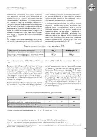 Научно-практический журнал                                                                                апрель-июнь 2010



инструментом управления экономикой, позволяю-                         чивый рост австралийской экономики основывается,
щим обеспечить решение задачи достижения эко-                         по оценкам экспертов, на стремительном развитии
номического роста с учетом фактора социальной                         инновационных технологий в соответствии с Госу-
справедливости» 1. Известный сторонник радикаль-                      дарственной Инновационной стратегией 3.
ных реформ российской экономики, советник рос-
сийского правительства в первой половине 1990-х гг.                   В этой связи следует отметить, что, по сути, задача
Дж. Сакс считает активную промышленную политику,                      перехода к инновационному типу экономического
нацеленную на «создание новой экономики, постро-                      роста в нашей стране ставилась еще со второй
енной на: научно-исследовательских разработках,                       половины 1960-х годов как задача перехода от
информационных технологиях и высшем образова-                         преимущественно экстенсивных к преимущест-
нии» одним из основных факторов экономических                         венно интенсивным факторам экономического
успехов США 2.                                                        роста на основе достижений научно-технической
                                                                      революции. Однако осуществить такой переход в
Об этом же говорят и реальные факты экономичес-                       рамках экономической системы советского типа
кой жизни. В частности, более чем 13-летний устой-                    оказалось невозможным (табл. 3).
                                                                                                                           Таблица 3

                               Показатели динамики технического уровня производства СССР

     Уд. вес продукции, выпускаемой одиннадцатью                                   1967 г.                Начало 1980-х гг.
     министерствами гражданского машиностроения свыше 10 лет                        16,2%                      30,6%
     Доля экспорта машин, оборудования и транспортных средств                      1970 г.                     1985 г.
     в общем объеме экспорта СССР (включая реэкспорт)                               21,5%                       13,6%


Источники: Народное хозяйство СССР в 1985 году. – М.: Финансы и статистика, 1986. – С. 575; Плановое хозяйство. – 1985. – № 4. –
С. 92.

Фундаментальной причиной этого было то обсто-                         начале нынешнего десятилетия в проекте «Основных
ятельство, что экономические системы советского                       направлений социально-экономического развития
типа порождали систему интересов субъектов хо-                        Российской Федерации на период до 2010 года»,
зяйствования, отторгающую нововведения. Поэто-                        подготовленных по распоряжению Правительства
му на состоявшейся в ноябре 2009 г. Всесоюзной                        России от 01.12.99 г. № 2021-р. Переход к такому
научно-практической конференции и был сформу-                         росту в соответствии с этим проектом должен был
лирован вывод о необходимости радикальной эко-                        осуществиться к 2007 году. Однако, несмотря на то,
номической реформы.                                                   что соответствующие задачи ставились в ежегодно
                                                                      принимавшихся правительством трехлетних про-
В новейшей истории России необходимость перехо-
                                                                      граммах-прогнозах, осуществить этот переход так и
да к инновационному росту была сформулирована в
                                                                      не удалось (табл. 4).

                                                                                                                           Таблица 4

                                   Динамика инновационной активности промышленности


                                Годы                                       2000 г.              2005 г.            2008 г.

    Уд. вес организаций, осуществлявших технологические
                                                                             10,6                 9,3                9,6
    инновации в отчетном году, в общем числе организаций, %
    Уд. вес инновационных товаров, работ, услуг в общем
                                                                             4,0                  5,1                5,4
    объеме отгруженных товаров, выполненных работ, услуг, %


Источник: Российский статистический ежегодник. 2009. Стат. сб. – М.: Росстат, 2009. – С. 561.




1
    Из выступления на семинаре «Новые пути развития». 12–13 сентября 2002 г., Рио-де Жанейро, Бразилия.
2
    Сакс Дж. Стоит ли хвалить Клинтона за процветание Америки // Независимая газета. – 18.08.2000 г. – С. 6.
3
 Стремительное развитие инновационных технологий – один из главных факторов роста австралийской экономики // International
Business Guide. – 2004. – № 3/4 (53). – С. 3.
                                                                                                                                       29
 