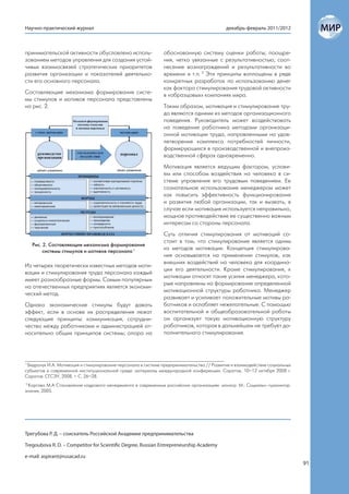 Научно-практический журнал                                                                  декабрь-февраль 2011/2012



принимательской активности обусловлено исполь-                 обоснованную систему оценки работы; поощре-
зованием методов управления для создания устой-                ния, четко увязанные с результативностью; соот-
чивых взаимосвязей стратегических приоритетов                  несение вознаграждений и результативности во
развития организации и показателей деятельно-                  времени и т.п. 2 Эти принципы воплощены в ряде
сти его основного персонала.                                   конкретных разработок по использованию денег
                                                               как фактора стимулирования трудовой активности
Составляющие механизма формирования систе-                     в «образцовых» компаниях мира.
мы стимулов и мотивов персонала представлены
на рис. 2.                                                     Таким образом, мотивация и стимулирование тру-
                                                               да являются одними из методов организационного
                                                               поведения. Руководитель может воздействовать
                                                               на поведение работника методами организаци-
                                                               онной мотивации труда, направленными на удов-
                                                               летворение комплекса потребностей личности,
                                                               формирующихся в производственной и внепроиз-
                                                               водственной сферах одновременно.
                                                               Мотивация является ведущим фактором, услови-
                                                               ем или способом воздействия на человека в си-
                                                               стеме управления его трудовым поведением. Ее
                                                               сознательное использование менеджером может
                                                               как повысить эффективность функционирования
                                                               и развития любой организации, так и вызвать, в
                                                               случае если мотивация используется неправильно,
                                                               мощное противодействие ее существенно важным
                                                               интересам со стороны персонала.
                                                               Суть отличия стимулирования от мотиваций со-
                                                               стоит в том, что стимулирование является одним
   Рис. 2. Составляющие механизма формирования
        системы стимулов и мотивов персонала 1
                                                               из методов мотивации. Концепция стимулирова-
                                                               ния основывается на применении стимулов, как
                                                               внешних воздействий на человека для координа-
Из четырех теоретически известных методов моти-
                                                               ции его деятельности. Кроме стимулирования, к
вации и стимулирования труда персонала каждый
                                                               мотивации относят такие усилия менеджера, кото-
имеет разнообразные формы. Самым популярным
                                                               рые направлены на формирование определенной
на отечественных предприятиях является экономи-
                                                               мотивационной структуры работника. Менеджер
ческий метод.
                                                               развивает и усиливает положительные мотивы ра-
Однако экономические стимулы будут давать                      ботников и ослабляет нежелательные. С помощью
эффект, если в основе их распределения лежат                   воспитательной и общеобразовательной работы
следующие принципы: коммуникация, сотрудни-                    он организует такую мотивационную структуру
чество между работниками и администрацией от-                  работников, которая в дальнейшем не требует до-
носительно общих принципов системы; опора на                   полнительного стимулирования.




1
  Бедрачук И.А. Мотивация и стимулирование персонала в системе предпринимательства // Развитие и взаимодействие социальных
субъектов в современной институциональной среде: материалы международной конференции. Саратов, 10–12 октября 2008 г.
Саратов: СГСЭУ, 2008. – С. 26–28.
2
  Коргова М.А Становление кадрового менеджмента в современных российских организациях: моногр. М.: Социальн.-гуманитар.
знания, 2005.




Трегубова Р. Д. – соискатель Российской Академии предпринимательства

Tregoubova R. D. – Competitor for Scientific Degree, Russian Entrepreneurship Academy

e-mail: aspirant@rusacad.ru
                                                                                                                             91
 