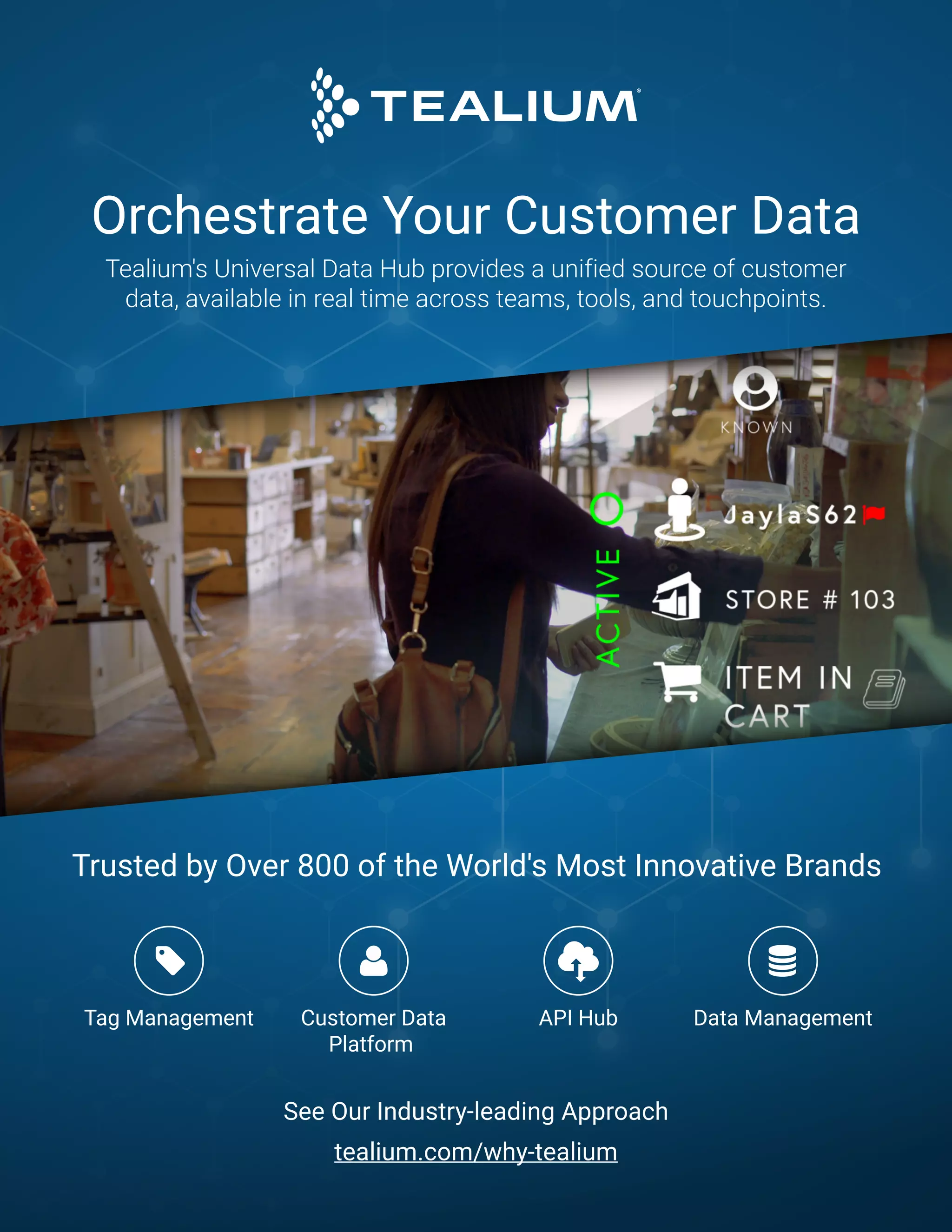 Orchestrate Your Customer Data
Tealium's Universal Data Hub provides a unified source of customer
data, available in real time across teams, tools, and touchpoints.
Trusted by Over 800 of the World's Most Innovative Brands
See Our Industry-leading Approach
tealium.com/why-tealium
 