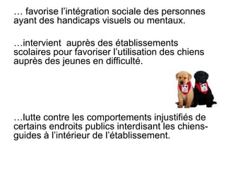 … favorise l’intégration sociale des personnes ayant des handicapsvisuels ou mentaux.…intervient  auprès des établissements scolaires pour favoriser l’utilisation des chiens auprès des jeunes en difficulté.…lutte contre les comportements injustifiés de certains endroits publics interdisant les chiens-guides à l’intérieur de l’établissement. 