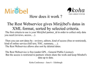 How does it work ?
  The Rest Webservice gives Mir@bel's datas in
    XML format, sorted by selected criteria.
 The first ...