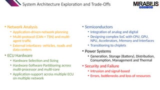 System Architecture Exploration and Trade-Offs
• Network Analysis
• Application-driven network planning
• Multi-protocol (CAN + TSN) and multi-
agent traffic
• External interfaces- vehicles, roads and
data centers
• ECU Hardware
• Hardware Selection and Sizing
• Hardware-Software Partitioning across
multi-processor and multi-core
• Application-support across multiple ECU
on multiple network
• Semiconductors
• Integration of analog and digital
• Designing complex SoC with CPU, GPU,
NPU, Accelerators, Memory and Interfaces
• Transitioning to chiplets
• Power Systems
• Generation, Storage (Battery), Distribution,
Consumption, Management and Thermal
• Security and Failure
• Intrusion and signal-based
• Errors, bottlenecks and loss of resources
 