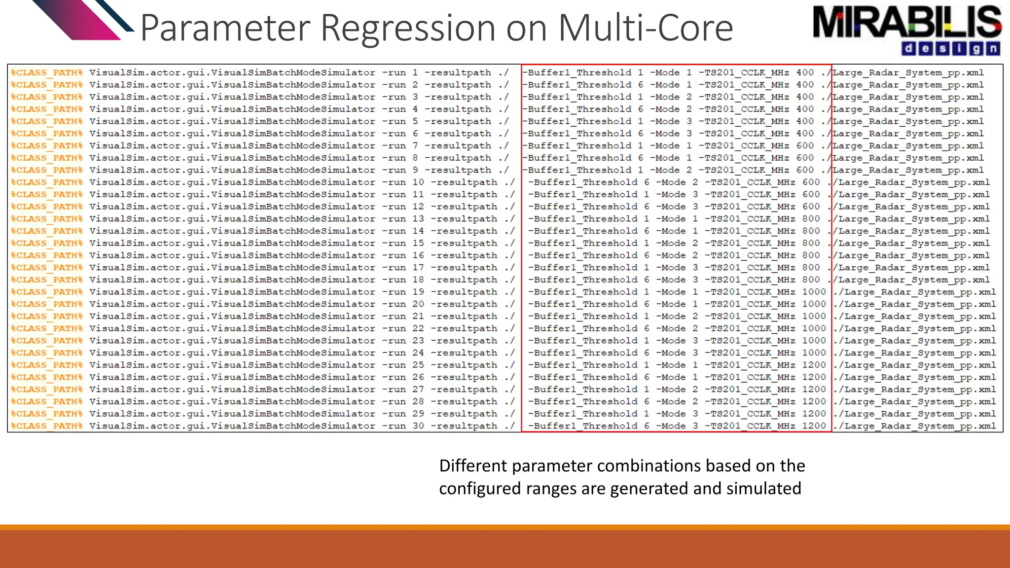 Parameter Regression on Multi-Core
Different parameter combinations based on the
configured ranges are generated and simulated
 