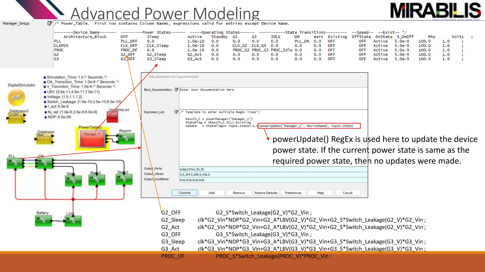 Advanced Power Modeling
powerUpdate() RegEx is used here to update the device
power state. If the current power state is same as the
required power state, then no updates were made.
G2_OFF G2_S*Switch_Leakage(G2_V)*G2_Vin ;
G2_Sleep clk*G2_Vin*NDP*G2_Vin+G2_A*LBV(G2_V)*G2_Vin+G2_S*Switch_Leakage(G2_V)*G2_Vin ;
G2_Act clk*G2_Vin*NDP*G2_Vin+G2_A*LBV(G2_V)*G2_Vin+G2_S*Switch_Leakage(G2_V)*G2_Vin ;
G3_OFF G3_S*Switch_Leakage(G3_V)*G3_Vin ;
G3_Sleep clk*G3_Vin*NDP*G3_Vin+G3_A*LBV(G3_V)*G3_Vin+G3_S*Switch_Leakage(G3_V)*G3_Vin ;
G3_Act clk*G3_Vin*NDP*G3_Vin+G3_A*LBV(G3_V)*G3_Vin+G3_S*Switch_Leakage(G3_V)*G3_Vin ;
PROC_OF PROC_S*Switch_Leakage(PROC_V)*PROC_Vin ;
 