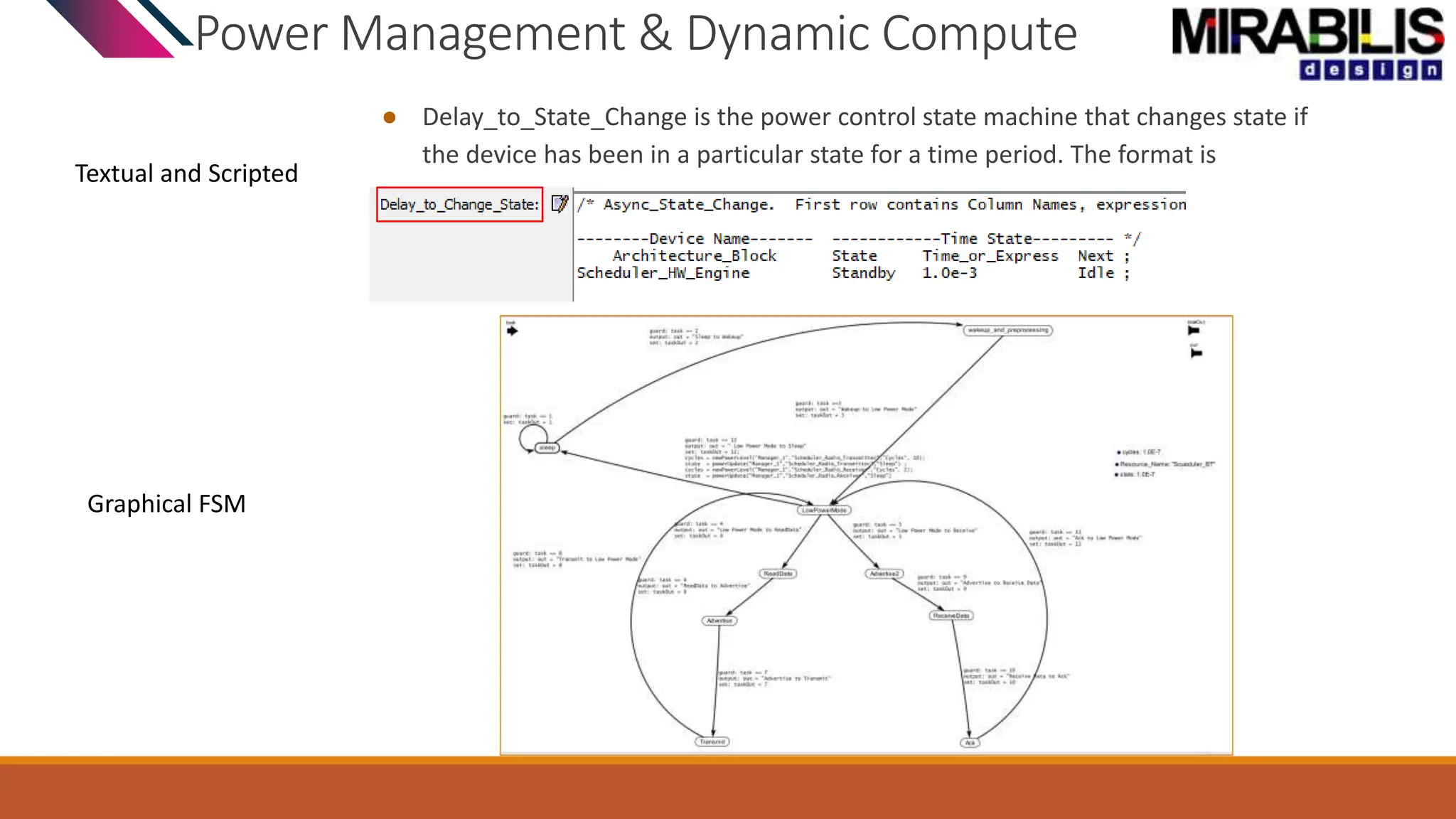 Power Management & Dynamic Compute
● Delay_to_State_Change is the power control state machine that changes state if
the device has been in a particular state for a time period. The format is
Textual and Scripted
Graphical FSM
 