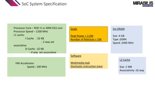 SoC System Specification
Processor Core – RISC-V or ARM A53 core
Processor Speed – 1200 MHz
L1 cache:
I Cache : 32 KB
: 2 way set
associative
D Cache : 32 KB
: 4 way set associative
L2 Cache
Size :1 MB
Associativity :16 way
Ext DRAM
Size :4 GB
Type :DDR4
Speed :2400 MHz
HW Accelerator
Speed : 100 MHz
Software
Multimedia task
Stochastic instruction trace
Goals
Peak Power < 1.0W
Number of Matrices > 19K
 