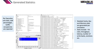 Generated Statistics
Per Execution
unit stats, stall
percentages,
buffer
occupancies
are reported
• Detailed Cache, Bus
and Memory stats
are generated per
simulation.
• Stats Include – hit
ratio, throughput,
latency, number of
write backs, evictions
etc.
 
