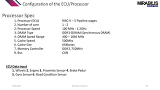 Configuration of the ECU/Processor
6/28/2024 Mirabilis Design Inc. 56
Processor Spec
1. Processor (ECU) RISC-V – 5 Pipeline stages
2. Number of core 1 - 2
2. Processor Speed 100 MHz - 1.2GHz
3. DRAM Type DDR3 SDRAM (Synchronous DRAM)
4. DRAM Speed Range 400 – 1066 MHz
5. Cache Speed 500Mhz
6. Cache Size 64Kbytes
7. Memory Controller DDR3, 750MHz
8. Bus CAN
ECU Data input
1. Wheels 2. Engine 3. Proximity Sensor 4. Brake Pedal
5. Gyro Sensor 6. Road Condition Sensor
 