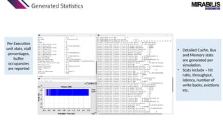 Generated Statistics
Per Execution
unit stats, stall
percentages,
buffer
occupancies
are reported
• Detailed Cache, Bus
and Memory stats
are generated per
simulation.
• Stats Include – hit
ratio, throughput,
latency, number of
write backs, evictions
etc.
 