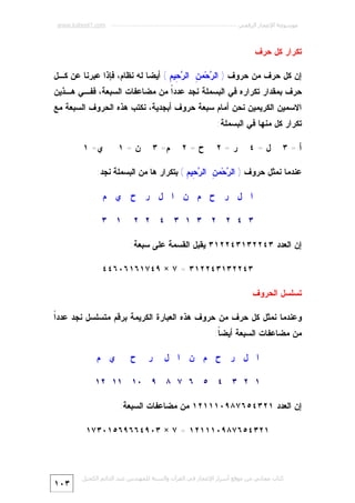 ‫ﻣﻮﺳﻮﻋﺔ اﻹﻋﺠﺎز اﻟﺮﻗﻤﻲ ---------------------------------------------------------- ‪www.kaheel7.com‬‬

‫ﺘﻜﺭﺍﺭ ﻜل ﺤﺭﻑ‬
‫ﺇﻥ ﻜل ﺤﺭﻑ ﻤﻥ ﺤﺭﻭﻑ ) ﺍﻟ ‪‬ﺤ‪‬ﻤ ِ ﺍﻟ ‪ِ ‬ﻴ ِ ( ﺃﻴﻀﺎ ﻟﻪ ﻨﻅﺎﻡ، ﻓﺈﺫﺍ ﻋﺒﺭﻨﺎ ﻋﻥ ﻜـل‬
‫ﺭ ﻥ ﺭﺤ ﻡ‬

‫ﺤﺭﻑ ﺒﻤﻘﺩﺍﺭ ﺘﻜﺭﺍﺭﻩ ﻓﻲ ﺍﻟﺒﺴﻤﻠﺔ ﻨﺠﺩ ﻋﺩﺩﹰ ﻤﻥ ﻤﻀﺎﻋﻔﺎﺕ ﺍﻟﺴﺒﻌﺔ، ﻓﻔـﻲ ﻫـﺫﻴﻥ‬
‫ﺍ‬
‫ﺍﻻﺴﻤﻴﻥ ﺍﻟﻜﺭﻴﻤﻴﻥ ﻨﺤﻥ ﺃﻤﺎﻡ ﺴﺒﻌﺔ ﺤﺭﻭﻑ ﺃﺒﺠﺩﻴﺔ، ﻨﻜﺘﺏ ﻫﺫﻩ ﺍﻟﺤﺭﻭﻑ ﺍﻟﺴﺒﻌﺔ ﻤﻊ‬

‫ﺘﻜﺭﺍﺭ ﻜل ﻤﻨﻬﺎ ﻓﻲ ﺍﻟﺒﺴﻤﻠﺔ:‬
‫ﺃ=٣‬

‫ل=٤‬

‫ﺭ=٢‬

‫ﺡ=٢‬

‫ﻡ= ٣‬

‫ﻥ=١‬

‫ﻱ= ١‬

‫ﻋﻨﺩﻤﺎ ﻨﻤﺜل ﺤﺭﻭﻑ ) ﺍﻟ ‪‬ﺤ‪‬ﻤ ِ ﺍﻟ ‪ِ ‬ﻴ ِ ( ﺒﺘﻜﺭﺍﺭ ﻫﺎ ﻤﻥ ﺍﻟﺒﺴﻤﻠﺔ ﻨﺠﺩ:‬
‫ﺭ ﻥ ﺭﺤ ﻡ‬
‫ﺍ ل ﺭ ﺡ ﻡ ﻥ ﺍ ل ﺭ ﺡ ﻱ ﻡ‬
‫٣ ٤ ٢ ٢ ٣ ١ ٣ ٤ ٢ ٢‬

‫١ ٣‬

‫ﺇﻥ ﺍﻟﻌﺩﺩ ٣٤٢٢٣١٣٤٢٢١٣ ﻴﻘﺒل ﺍﻟﻘﺴﻤﺔ ﻋﻠﻰ ﺴﺒﻌﺔ:‬
‫٣٤٢٢٣١٣٤٢٢١٣ = ٧ × ٩٤٧١٦١٦٠٦٤٤‬
‫ﺘﺴﻠﺴل ﺍﻟﺤﺭﻭﻑ‬
‫ﺍ‬
‫ﻭﻋﻨﺩﻤﺎ ﻨﻤﺜل ﻜل ﺤﺭﻑ ﻤﻥ ﺤﺭﻭﻑ ﻫﺫﻩ ﺍﻟﻌﺒﺎﺭﺓ ﺍﻟﻜﺭﻴﻤﺔ ﺒﺭﻗﻡ ﻤﺘﺴﻠﺴل ﻨﺠﺩ ﻋﺩﺩﹰ‬
‫ﻤﻥ ﻤﻀﺎﻋﻔﺎﺕ ﺍﻟﺴﺒﻌﺔ ﺃﻴﻀ ﹰ:‬
‫ﺎ‬
‫ﺍ ل ﺭ ﺡ ﻡ ﻥ ﺍ ل‬

‫ﺭ‬

‫ﺡ‬

‫ﻱ ﻡ‬

‫١ ٢ ٣ ٤ ٥ ٦ ٧ ٨ ٩ ٠١ ١١ ٢١‬
‫ﺇﻥ ﺍﻟﻌﺩﺩ ١٢٣٤٥٦٧٨٩٠١١١٢١ ﻤﻥ ﻤﻀﺎﻋﻔﺎﺕ ﺍﻟﺴﺒﻌﺔ:‬
‫١٢٣٤٥٦٧٨٩٠١١١٢١ = ٧ × ٣٠٩٤٦٦٩٦٥١٠٣٧١‬

‫ﻛﺘﺎب ﻣﺠﺎﻧﻲ ﻣﻦ ﻣﻮﻗﻊ أﺳﺮار اﻹﻋﺠﺎز ﻓﻲ اﻟﻘﺮآن واﻟﺴﻨﺔ ﻟﻠﻤﮫﻨﺪس ﻋﺒﺪ اﻟﺪاﺋﻢ اﻟﻜﺤﯿﻞ‬

‫٣٠١‬

 