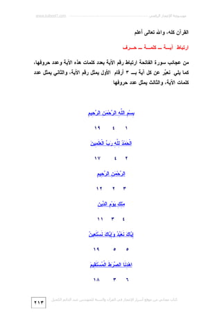 ‫ﻣﻮﺳﻮﻋﺔ اﻹﻋﺠﺎز اﻟﺮﻗﻤﻲ ---------------------------------------------------------- ‪www.kaheel7.com‬‬

‫ﺍﻟﻘﺭﺁﻥ ﻜﻠﻪ، ﻭﺍﷲ ﺘﻌﺎﻟﻰ ﺃﻋﻠﻡ.‬
‫ﺍﺭﺘﺒﺎﻁ: ﺁﻴـﺔ ـ ﻜﻠﻤـﺔ ـ ﺤـﺭﻑ‬
‫ﻤﻥ ﻋﺠﺎﺌﺏ ﺴﻭﺭﺓ ﺍﻟﻔﺎﺘﺤﺔ ﺍﺭﺘﺒﺎﻁ ﺭﻗﻡ ﺍﻵﻴﺔ ﺒﻌﺩﺩ ﻜﻠﻤﺎﺕ ﻫﺫﻩ ﺍﻵﻴﺔ ﻭﻋﺩﺩ ﺤﺭﻭﻓﻬﺎ،‬

‫ﻜﻤﺎ ﻴﻠﻲ: ﻨﻌ ‪‬ﺭ ﻋﻥ ﻜل ﺁﻴﺔ ﺒـ ٣ ﺃﺭﻗﺎﻡ: ﺍﻷﻭل ﻴﻤﺜل ﺭﻗﻡ ﺍﻵﻴﺔ، ﻭﺍﻟﺜﺎﻨﻲ ﻴﻤﺜل ﻋﺩﺩ‬
‫ﺒ‬
‫ﻜﻠﻤﺎﺕ ﺍﻵﻴﺔ، ﻭﺍﻟﺜﺎﻟﺙ ﻴﻤﺜل ﻋﺩﺩ ﺤﺭﻭﻓﻬﺎ:‬

‫ﺒ ﻡ ﻠﻪ ﺭ ﻤﻥ ﺭﺤ ﻡ‬
‫ِﺴ‪ ِ ‬ﺍﻟﱠ ِ ﺍﻟ ‪‬ﺤ‪ ِ  ‬ﺍﻟ ‪ِ ‬ﻴ ِ‬
‫٤‬

‫١‬

‫٩١‬

‫ﺤ ﺩ ﻟﻠﻪ ﺭﺏ ﻌﻠﻤ ﻥ‬
‫ﺍﻟﹾ ‪‬ﻤ‪ِ  ‬ﱠ ِ ‪  ‬ﺍﻟﹾ ‪‬ﹶ ِﻴ ‪‬‬
‫٤‬

‫٢‬

‫٧١‬

‫ﺭ ﻤﻥ ﺭﺤ ﻡ‬
‫ﺍﻟ ‪‬ﺤ‪ ِ  ‬ﺍﻟ ‪ِ ‬ﻴ ِ‬
‫٣‬

‫٢‬

‫٢١‬

‫ﻤﻠﻙ ﻴ ﻡ ﺩ ﻥ‬
‫‪ ِ ِ ‬ﻭ‪ ِ ‬ﺍﻟ ‪‬ﻴ ِ‬
‫٤‬

‫٣‬

‫١١‬

‫ﺇﻴ ﻙ ﻨ ﺒﺩ ﻭﺇﻴ ﻙ ﻨ ﺘﻌ ﻥ‬
‫ِ ‪‬ﺎ ‪ ‬ﹶﻌ‪ ِ   ‬ﺎ ‪ ‬ﹶﺴ‪ ‬ﹶ ِﻴ ‪‬‬
‫٥‬

‫٥‬

‫٩١‬

‫ﺩﻨ ﺼﺭﻁ ﻤ ﺘﻘ ﻡ‬
‫ﺍﻫ‪ ِ ‬ﹶﺎ ﺍﻟ ‪  ‬ﹶ ﺍﻟﹾ ‪‬ﺴ‪ ‬ﹶ ِﻴ ‪‬‬
‫٦‬

‫٣‬

‫٨١‬

‫ﻛﺘﺎب ﻣﺠﺎﻧﻲ ﻣﻦ ﻣﻮﻗﻊ أﺳﺮار اﻹﻋﺠﺎز ﻓﻲ اﻟﻘﺮآن واﻟﺴﻨﺔ ﻟﻠﻤﮫﻨﺪس ﻋﺒﺪ اﻟﺪاﺋﻢ اﻟﻜﺤﯿﻞ‬

‫٣١٢‬

 