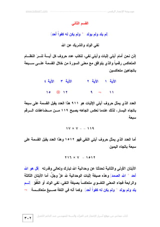 ‫ﻣﻮﺳﻮﻋﺔ اﻹﻋﺠﺎز اﻟﺮﻗﻤﻲ ---------------------------------------------------------- ‪www.kaheel7.com‬‬

‫ﺍﻟﻘﺴﻡ ﺍﻟﺜﺎﻨﻲ‬
‫)ﻟﻡ ﻴﻠﺩ ﻭﻟﻡ ﻴﻭﻟﺩ * ﻭﻟﻡ ﻴﻜﻥ ﻟﻪ ﻜﻔﻭﹰ ﺃﺤﺩ(‬
‫ﺍ‬
‫ﻨﻔﻲ ﺍﻟﻭﻟﺩ ﻭﺍﻟﺸﺭﻴﻙ ﻋﻥ ﺍﷲ‬
‫ﺇﺫﻥ ﻨﺤﻥ ﺃﻤﺎﻡ ﺁﻴﺘﻲ ﺇﺜﺒﺎﺕ ﻭﺁﻴﺘﻲ ﻨﻔﻲ، ﻟﻨﻜﺘﺏ ﻋﺩﺩ ﺤﺭﻭﻑ ﻜل ﺁﻴـﺔ ﻟﻨـ ‪ ‬ﺍﻟﻨﻅـﺎﻡ‬
‫ﺭ‬

‫ﺍﻟﻤﺘﻌﺎﻜﺱ ﺭﻗﻤﻴ ﹰ ﻭﺍﻟﺫﻱ ﻴﺘﻭﺍﻓﻕ ﻤﻊ ﻤﻌﻨﻰ ﺍﻟﺴﻭﺭﺓ ﻤﻥ ﺨﻼل ﺍﻟﻘﺴﻤﺔ ﻋﻠـﻰ ﺴـﺒﻌﺔ‬
‫ﺎ‬
‫ﺒﺎﺘﺠﺎﻫﻴﻥ ﻤﺘﻌﺎﻜﺴﻴﻥ:‬
‫ﺍﻵﻴﺔ ١‬
‫١١‬

‫ﺍﻵﻴﺔ ٢‬
‫←‬

‫٩‬

‫ﺍﻵﻴﺔ ٣‬
‫٢١ →‬

‫ﺍﻵﻴﺔ ٤‬
‫٥١‬

‫ﺍﻟﻌﺩﺩ ﺍﻟﺫﻱ ﻴﻤﺜل ﺤﺭﻭﻑ ﺁﻴﺘﻲ ﺍﻹﺜﺒﺎﺕ ﻫﻭ ١١٩ ﻫﺫﺍ ﺍﻟﻌﺩﺩ ﻴﻘﺒل ﺍﻟﻘﺴﻤﺔ ﻋﻠﻰ ﺴﺒﻌﺔ‬

‫ﺒﺎﺘﺠﺎﻩ ﺍﻟﻴﺴﺎﺭ، ﻟﺫﻟﻙ ﻋﻨﺩﻤﺎ ﻨﻌﻜﺱ ﺍﺘﺠﺎﻫﻪ ﻴﺼﺒﺢ ٩١١ ﻤـﻥ ﻤـﻀﺎﻋﻔﺎﺕ ﺍﻟـﺭﻗﻡ‬
‫ﺴﺒﻌﺔ:‬

‫٩١١ = = ٧ × ٧١‬
‫ﺃﻤﺎ ﺍﻟﻌﺩﺩ ﺍﻟﺫﻱ ﻴﻤﺜل ﺤﺭﻭﻑ ﺁﻴﺘﻲ ﺍﻟﻨﻔﻲ ﻓﻬﻭ ٢١٥١ ﻭﻫﺫﺍ ﺍﻟﻌﺩﺩ ﻴﻘﺒل ﺍﻟﻘﺴﻤﺔ ﻋﻠﻰ‬
‫ﺴﺒﻌﺔ ﺒﺎﺘﺠﺎﻩ ﺍﻟﻴﻤﻴﻥ:‬
‫٢١٥١ = ٧ × ٦١٢‬
‫ﺍﻵﻴﺘﺎﻥ ﺍﻷﻭﻟﻰ ﻭﺍﻟﺜﺎﻨﻴﺔ ﺘﺤﺩﺜﺘﺎ ﻋﻥ ﻭﺤﺩﺍﻨﻴﺔ ﺍﷲ ﺘﺒﺎﺭﻙ ﻭﺘﻌﺎﻟﻰ ﻭﻗﺩﺭﺘﻪ: )ﻗل ﻫﻭ ﺍﷲ‬

‫ﺃﺤﺩ * ﺍﷲ ﺍﻟﺼﻤﺩ( ﻭﻫﺫﻩ ﺼﻴﻐﺔ ﺇﺜﺒﺎﺕ ﺍﻟﻭﺤﺩﺍﻨﻴﺔ ﷲ ‪  ‬ﻭ ‪ ‬ﱠ، ﺃﻤﺎ ﺍﻵﻴﺘﺎﻥ ﺍﻟﺜﺎﻟﺜﺔ‬
‫ﻋﺯ ﺠل‬

‫ﻭﺍﻟﺭﺍﺒﻌﺔ ﻓﺠﺎﺀ ﺍﻟﻤﻌﻨﻰ ﺍﻟﻠﻐـﻭﻱ ﻤﺘﻌﺎﻜﺴ ﹰ ﺒﺼﻴﻐﺔ ﺍﻟﻨﻔﻲ، ﻨﻔﻲ ﺍﻟﻭﻟﺩ ﺃﻭ ﺍﻟ ﹸ ﹸﺅ: )ﻟـﻡ‬
‫ﻜﻔ‬
‫ﺎ‬
‫ﻴﻠﺩ ﻭﻟﻡ ﻴﻭﻟﺩ * ﻭﻟﻡ ﻴﻜﻥ ﻟﻪ ﻜﻔﻭﹰ ﺃﺤﺩ(. ﻭﻜﻤﺎ ﺃﻨﻪ ﻓﻲ ﺍﻟﻠﻐﺔ ﺼـﻴﻎ ﻤﺘﻌﺎﻜـﺴﺔ: ←‬
‫ﺍ‬

‫ﻛﺘﺎب ﻣﺠﺎﻧﻲ ﻣﻦ ﻣﻮﻗﻊ أﺳﺮار اﻹﻋﺠﺎز ﻓﻲ اﻟﻘﺮآن واﻟﺴﻨﺔ ﻟﻠﻤﮫﻨﺪس ﻋﺒﺪ اﻟﺪاﺋﻢ اﻟﻜﺤﯿﻞ‬

‫٢٠٣‬

 