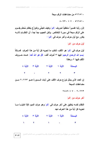 ‫ﻣﻮﺳﻮﻋﺔ اﻹﻋﺠﺎز اﻟﺮﻗﻤﻲ ---------------------------------------------------------- ‪www.kaheel7.com‬‬

‫٠١٥٦٦٥ ﻤﻥ ﻤﻀﺎﻋﻔﺎﺕ ﺍﻟﺭﻗﻡ ﺴﺒﻌﺔ:‬
‫٠١٥٦٦٥ = ٧ × ٠٣٩٠٨‬
‫ﺇﺫﻥ ﺭﺃﻴﻨﺎ ﺘﻔﺴﻴﺭﹰ ﻤﻨﻁﻘﻴ ﹰ ﻟﺤﺭﻭﻑ )ﺍﻟﻡ( ﻭﻜﻴﻑ ﺘﺘﺠﱠﻰ ﻭﺘﺘﻭ ‪‬ﻉ ﺒﻨﻅﺎﻡ ‪‬ﺤ ﹶﻡ ﻴﻘـﻭﻡ‬
‫ﻤ ﻜ‬
‫ﺯ‬
‫ﻠ‬
‫ﺎ‬
‫ﺍ‬

‫ﻋﻠﻰ ﺍﻟﺭﻗﻡ ﺴﺒﻌﺔ ﻓﻲ ﺴﻭﺭﺓ ﺍﻹﺨﻼﺹ. ﻭﻟﻜﻥ ﺍﻟﻌﺠﻴﺏ ﺠﺩﹰ ﺠﺩﹰ، ﺃﻥ ﺍﻟﻨﻅـﺎﻡ ﺫﺍﺘـﻪ‬
‫ﺍ ﺍ‬
‫ﻴﺘﻜﺭﺭ ﻤﻊ ﺃﻭل ﺤﺭﻑ ﻭﺁﺨﺭ ﺤﺭﻑ ﻓﻲ )ﺍﻟﻡ(!!‬
‫ﺃﻭل ﺤﺭﻑ ﻤﻥ )ﺍﻟﻡ(‬
‫ﻼ‬
‫ﺃﻭل ﺤﺭﻑ ﻓﻲ )ﺍﻟﻡ( ﻫﻭ ﺍﻷﻟﻑ، ﻟﻨﻜﺘﺏ ﻤﺎ ﺘﺤﻭﻴﻪ ﻜل ﺁﻴﺔ ﻤﻥ ﻫﺫﺍ ﺍﻟﺤﺭﻑ ﻓﻤـﺜ ﹰ‬

‫)ﺒﺴﻡ ﺍﷲ ﺍﻟﺭﺤﻤﻥ ﺍﻟﺭﺤﻴﻡ( ﻓﻴﻬﺎ ٣ ﺃﺤﺭﻑ ﺃﻟﻑ، )ﻗل ﻫﻭ ﺍﷲ ﺃﺤﺩ( ﻋـﺩﺩ ﺤـﺭﻭﻑ‬
‫ﺍﻷﻟﻑ ﻓﻴﻬﺎ ٢، ﻭﻫﻜﺫﺍ:‬
‫ﺍﻟﺒﺴﻤﻠﺔ‬

‫ﺍﻵﻴﺔ ١‬

‫ﺍﻵﻴﺔ ٢‬

‫٣‬

‫٢‬

‫٢‬

‫ﺍﻵﻴﺔ ٣‬
‫٠‬

‫ﺍﻵﻴﺔ ٤‬
‫٢‬

‫ﺇﻥ ﺍﻟﻌﺩﺩ ﺍﻟﺫﻱ ﻴﻤﺜل ﺘﻭﺯﻉ ﺤﺭﻑ ﺍﻷﻟﻑ ﻋﻠﻰ ﺁﻴﺎﺕ ﺍﻟـﺴﻭﺭﺓ ﻫـﻭ ٣٢٢٠٢ ﻤـﻥ‬

‫ﻤﻀﺎﻋﻔﺎﺕ ﺍﻟﺴﺒﻌﺔ:‬

‫٣٢٢٠٢ = ٧ × ٩٨٨٢‬
‫ﺁﺨﺭ ﺤﺭﻑ ﻤﻥ )ﺍﻟﻡ(‬
‫ﺍﻟﻨﻅﺎﻡ ﻨﻔﺴﻪ ﻴﻨﻁﺒﻕ ﻋﻠﻰ ﺁﺨﺭ ﺤﺭﻑ ﻓﻲ )ﺍﻟﻡ( ﻭﻫﻭ ﺤﺭﻑ ﺍﻟﻤﻴﻡ، ﻓﺈﺫﺍ ﻜﺘﺒﻨـﺎ ﻤـﺎ‬
‫ﺘﺤﻭﻴﻪ ﻜل ﺁﻴﺔ ﻤﻥ ﻫﺫﺍ ﺍﻟﺤﺭﻑ ﻨﺠﺩ:‬
‫ﺍﻟﺒﺴﻤﻠﺔ‬
‫٣‬

‫ﺍﻵﻴﺔ ١‬
‫٠‬

‫ﺍﻵﻴﺔ ٢‬
‫١‬

‫ﺍﻵﻴﺔ ٣‬

‫ﺍﻵﻴﺔ ٤‬

‫٢‬

‫١‬

‫ﻛﺘﺎب ﻣﺠﺎﻧﻲ ﻣﻦ ﻣﻮﻗﻊ أﺳﺮار اﻹﻋﺠﺎز ﻓﻲ اﻟﻘﺮآن واﻟﺴﻨﺔ ﻟﻠﻤﮫﻨﺪس ﻋﺒﺪ اﻟﺪاﺋﻢ اﻟﻜﺤﯿﻞ‬

‫٣١٣‬

 