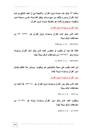 ‫ﻣﻮﺳﻮﻋﺔ اﻹﻋﺠﺎز اﻟﺮﻗﻤﻲ ---------------------------------------------------------- ‪www.kaheel7.com‬‬

‫ﻡ‬
‫ﻭﺍﻟﻌﺩﺩ ٣٢ ﻴﻤﺜل ﻋﺩﺩ ﺴﻨﻭﺍﺕ ﻨﺯﻭل ﺍﻟﻘﺭﺁﻥ! ﻭﺍﻟﻨﺘﻴﺠﺔ ﻫﻲ ﺃﻥ ﺍﻟﻌﺩﺩ ﺍﻟﻨﺎﺘﺞ ﻤﻥ ﻀ ‪‬‬

‫ﺁﻴﺎﺕ ﺍﻟﻘﺭﺁﻥ ﻭﺴﻭﺭﻩ ﻴﺘﺄﻟﻑ ﻤﻥ ﺴﺒﻊ ﻤﺭﺍﺘﺏ ﻭﻴﻘﺒل ﺍﻟﻘـﺴﻤﺔ ﻋﻠـﻰ ﺴـﺒﻌﺔ ﻫـﻭ‬

‫ﻭﻤﻘﻠﻭﺒﻪ، ﻭﻤﺠﻤﻭﻉ ﺃﺭﻗﺎﻤﻪ ﻫﻭ ﺒﺎﻟﻀﺒﻁ ﺴﻨﻭﺍﺕ ﻨﺯﻭل ﺍﻟﻘﺭﺁﻥ!‬
‫ﺁﻴﺎﺕ ﺍﻟﻘﺭﺁﻥ ﻭﺴﻨﻭﺍﺕ ﻨﺯﻭل ﺍﻟﻘﺭﺁﻥ‬
‫ﺍﻟﻌﺩﺩ ﺍﻟﺫﻱ ﻴﻤﺜل ﺁﻴﺎﺕ ﺍﻟﻘﺭﺁﻥ ﻭﺴﻨﻭﺍﺕ ﻨﺯﻭل ﺍﻟﻘﺭﺁﻥ ﻫﻭ: ٦٣٢٦ ٣٢ ﻤﻥ‬
‫ﻤﻀﺎﻋﻔﺎﺕ ﺍﻟﺭﻗﻡ ﺴﺒﻌﺔ:‬
‫٦٣٢٦٣٢ = ٧ × ٨٤٧٣٣‬
‫ﻜﺫﻟﻙ ﻫﻨﺎ ﻨﺠﺩ ﺃﻥ ﻤﻘﻠﻭﺏ ﺃﻭ ﻤﻌﻜﻭﺱ ﺍﻟﻌﺩﺩ ﺍﻟﺫﻱ ﻴﻤﺜل ﺁﻴﺎﺕ ﺍﻟﻘﺭﺁﻥ ﻭﺴﻨﻭﺍﺕ‬
‫ﻨﺯﻭﻟﻪ ﻭﻫﻭ: ٢٣٦٢٣٦ ﻤﻥ ﻤﻀﺎﻋﻔﺎﺕ ﺍﻟﺭﻗﻡ ﺴﺒﻌﺔ ﺃﻴﻀ ﹰ:‬
‫ﺎ‬
‫٢٣٦٢٣٦ = ٧ × ٦٧٣٠٩‬
‫ﺇﺫﻥ ﺍﻟﻌﺩﺩ ﻴﻨﻘﺴﻡ ﻋﻠﻰ ﺴﺒﻌﺔ ﺒﺎﻻﺘﺠﺎﻫﻴﻥ ﻫﻭ ﻭﻤﻘﻠﻭﺒﻪ. ﻭﻴﺴﺘﻤﺭ ﻫﺫﺍ ﺍﻟﻨﻅﺎﻡ ﻟﻴﺸﻤل‬
‫ﺴﻭﺭ ﺍﻟﻘﺭﺁﻥ ﻭﺴﻨﻭﺍﺕ ﻨﺯﻭﻟﻪ ﺃﻴﻀ ﹰ.‬
‫ﺎ‬
‫ﺴﻭﺭ ﺍﻟﻘﺭﺁﻥ ﻭﺴﻨﻭﺍﺕ ﻨﺯﻭل ﺍﻟﻘﺭﺁﻥ‬
‫ﺍﻟﻌﺩﺩ ﺍﻟﺫﻱ ﻴﻤﺜل ﺴﻭﺭ ﺍﻟﻘﺭﺁﻥ ﻭﺴﻨﻭﺍﺕ ﻨﺯﻭل ﺍﻟﻘﺭﺁﻥ ﻫﻭ: ٤١١٣٢، ﻫﺫﺍ ﺍﻟﻌﺩﺩ ﻤﻥ‬

‫ﻤﻀﺎﻋﻔﺎﺕ ﺍﻟﺭﻗﻡ ﺴﺒﻌﺔ:‬

‫٤١١٣٢ = ٧ × ٢٠٣٣‬
‫ﻭﻤﻘﻠﻭﺏ ﺍﻟﻌﺩﺩ ﺍﻟﺫﻱ ﻴﻤﺜل ﺴﻭﺭ ﺍﻟﻘﺭﺁﻥ ﻭﺴﻨﻭﺍﺕ ﻨﺯﻭﻟﻪ ﻫﻭ: ٢٣١١٤ ﻤﻥ‬
‫ﻤﻀﺎﻋﻔﺎﺕ ﺍﻟﺭﻗﻡ ﺴﺒﻌﺔ ﺃﻴﻀ ﹰ:‬
‫ﺎ‬
‫٢٣١١٤ = ٧ × ٦٧٨٥‬

‫ﻛﺘﺎب ﻣﺠﺎﻧﻲ ﻣﻦ ﻣﻮﻗﻊ أﺳﺮار اﻹﻋﺠﺎز ﻓﻲ اﻟﻘﺮآن واﻟﺴﻨﺔ ﻟﻠﻤﮫﻨﺪس ﻋﺒﺪ اﻟﺪاﺋﻢ اﻟﻜﺤﯿﻞ‬

‫٢٣‬

 