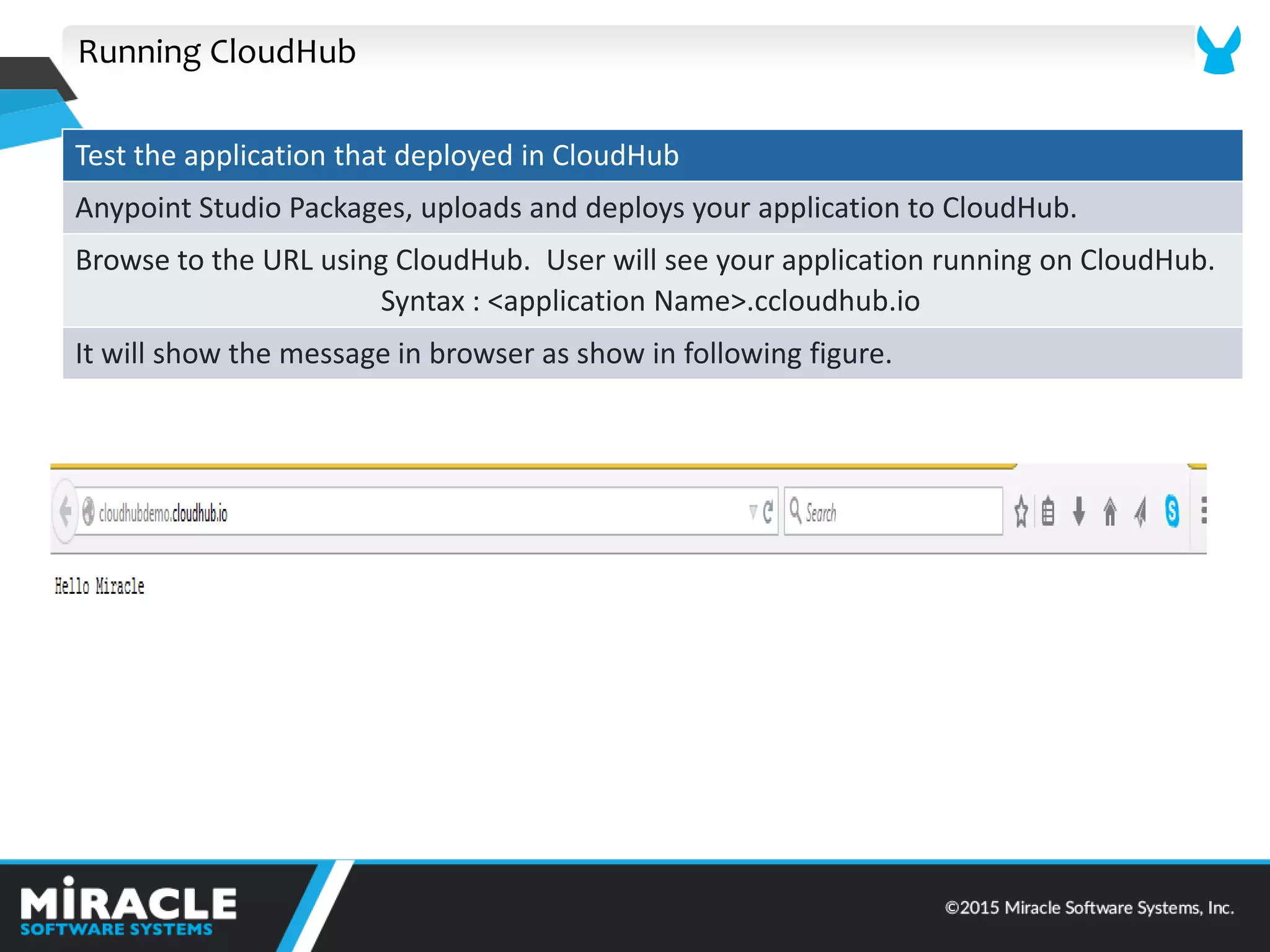 Running CloudHub
Test the application that deployed in CloudHub
Anypoint Studio Packages, uploads and deploys your application to CloudHub.
Browse to the URL using CloudHub. User will see your application running on CloudHub.
Syntax : <application Name>.ccloudhub.io
It will show the message in browser as show in following figure.
 