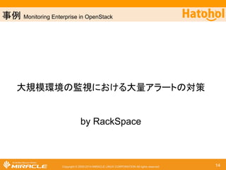 ஦౛ Using Ceilometer data to detect fraudulent activity in our OpenStack cluster 
Ceilometer䜢౑䛳䛯୙㐺ษ⾜Ⅽ䛾᳨ฟ 
by Cisco, Kent University 
Copyright © 2000-2014 MIRACLE LINUX CORPORATION All rights reserved 14 
 