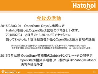 Copyright © 2000-2014 MIRACLE LINUX CORPORATION All rights reserved 
https://github.com/project-hatohol/hatohol 
Welcome to join the project 
https://github.com/project-hatohol/hatohol 
34 
 