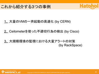 䛣䜜䛛䜙⤂௓䛩䜛䠏䛴䛾஦౛ 
1䠈 ኱㔞䛾VM䛾୍ᩧ㉳ື䛾㧗㏿໬ (by CERN) 
2䠈 Ceilometer䜢౑䛳䛯୙㐺ษ⾜Ⅽ䛾᳨ฟ (by Cisco, Kent Univ.) 
3䠈 ኱つᶍ⎔ቃ䛾┘ど䛻䛚䛡䜛኱㔞䜰䝷䞊䝖䛾ᑐ⟇ 
(by RackSpace) 
Copyright © 2000-2014 MIRACLE LINUX CORPORATION All rights reserved 6 
 