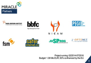 0 
8 
Partners 
Project running: 02/2014-07/2016 
Budget: 1.36 Mio EUR; 50% co-financed by the EU 
 