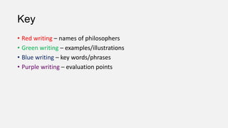 Key
• Red writing – names of philosophers
• Green writing – examples/illustrations
• Blue writing – key words/phrases
• Purple writing – evaluation points
 
