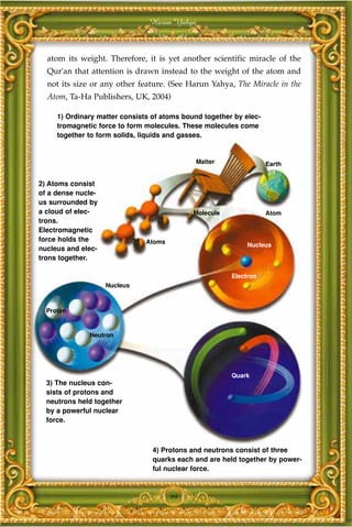 Harun Yahya



  atom its weight. Therefore, it is yet another scientific miracle of the
  Qur'an that attention is drawn instead to the weight of the atom and
  not its size or any other feature. (See Harun Yahya, The Miracle in the
  Atom, Ta-Ha Publishers, UK, 2004)

     1) Ordinary matter consists of atoms bound together by elec-
     tromagnetic force to form molecules. These molecules come
     together to form solids, liquids and gasses.


                                             Matter                 Earth


2) Atoms consist
of a dense nucle-
us surrounded by
a cloud of elec-                             Molecule               Atom
trons.
Electromagnetic
force holds the                Atoms
                                                             Nucleus
nucleus and elec-
trons together.

                                                        Electron
                    Nucleus



  Proton


              Neutron




                                                        Quark
  3) The nucleus con-
  sists of protons and
  neutrons held together
  by a powerful nuclear
  force.



                                 4) Protons and neutrons consist of three
                                 quarks each and are held together by power-
                                 ful nuclear force.



                                       99
 