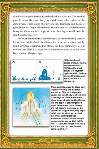 Harun Yahya



cloud body to grow vertically, so the cloud is stacked up. This vertical
growth causes the cloud body to stretch into cooler regions of the
atmosphere, where drops of water and hail formulate and begin to
grow larger and larger. When these drops of water and hail become too
heavy for the updrafts to support them, they begin to fall from the
cloud as rain, hail, etc.59
     We must remember that meteorologists have only recently come to
know these details about cloud formation, structure and function, by
using advanced equipment like planes, satellites, computers etc. It is
evident that Allah has provided us information that could not have
been known 1,400 years ago.


                                                      (A) Isolated small
                                                      pieces of clouds (cumu-
                                                      lonimbus clouds)
                                                      (B) When the small
                                                      clouds join together,
                                                      updrafts within the larg-
                                                      er cloud increase. As a
                                                      result, the cloud is
                                                      stacked up.

                                        These updrafts cause the cloud body
                                        to grow vertically and the cloud is
                                        stacked up. This vertical growth
                                        causes the cloud body to stretch into
                                        cooler regions of the atmosphere,
                                        where drops of water and hail formu-
                                        late and begin to grow larger and
                                        larger. When these drops of water
                                        and hail become too heavy for the
                                        updrafts to support them, they begin
                                        to fall from the cloud as rain, hail,
                                        etc. This scientific fact was
                                        announced in Surat an-Nur 43 four-
                                        teen centuries ago by Allah in this
                                        way: "... then [He] makes them into a
                                        stack, and then you see the rain
                                        come out of it…"




                                  117
 