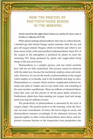 Allah's Miracles in the Qur'an




    And [I swear] by the night when it draws in, and by the dawn when it
    breathes in. (Qur'an, 81:17-18)

    When plants undergo photosynthesis, they take in carbon dioxide,
a harmful gas that human beings cannot consume, from the air, and
give off oxygen instead. Oxygen, which we breathe and which is our
basic source of life, is the main product of photosynthesis. Some 30% of
the oxygen in the atmosphere is produced by plants on land, the
remaining 70% being produced by plants and single-celled living
things in the seas and oceans.
    Photosynthesis is a complex process, and one which scientists
have still not yet fully understood. This process cannot be observed
with the naked eye, because the mechanism employs atoms and mole-
cules. However, we can see the results of photosynthesis in the oxygen
which enables us to breathe, and in the foodstuffs that keep us alive.
Photosynthesis is a system which involves complicated chemical for-
mulae and units of weight, and on very small scale, and consisting of
the most sensitive equilibriums. There are trillions of chemical labora-
tories that carry out this process in all the green plants around us.
Furthermore, plants have been meeting our oxygen, food and energy
needs non-stop for millions of years.
    The productivity of photosynthesis is measured by the level of
oxygen output. The greatest point is in the morning, when the Sun's
rays are most concentrated. At dawn, the leaves begin to sweat, and
photosynthesis increases accordingly. In the afternoon, however, the
opposite applies; in other words photosynthesis slows down, and res-
piration increases because as the temperature rises perspiration also



                                      128
 