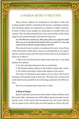 Allah's Miracles in the Qur'an




        Many diverse subjects are mentioned in the Qur'an while also
inviting people to believe. Sometimes the heavens, sometimes animals,
and sometimes plants are mentioned as evidence of Allah's existence.
In many of these verses, people are called upon to consider their own
creation. They are often reminded how man came into the world, which
stages he has passed through, and what his essence is:
        It is We Who have created you. Why, then, don't you accept the truth?
        Have you ever considered that [seed] which you emit? Is it you who
        create it? Or are We the Creator? (Qur'an, 56:57-59)
        The miracle of man's creation is emphasised in many verses. Some
of the information within these verses is so detailed that it was impos-
sible for anyone living in the 7th century to have known it. Examples of
these are as follows:
        1. Man is not created from the entire semen, but only a very small
portion of it (sperm).
        2. It is the male that determines the sex of the baby.
        3. The human embryo adheres to the mother's uterus like a leech.
        4. The embryo develops in three dark regions in the uterus.
        The items of information just quoted were far above the level of
learning of the people living at that time. The discovery of these facts
could only become possible by the technology attained in the 20th cen-
tury.
        Now, let us examine these items one at a time.


        A Drop of Semen
        Sperm undertake a journey into the mother's body until they reach
the ovum. Only a thousand out of 250 million sperm succeed in reach-
ing the ovum. At the end of this five-minute race, the ovum, half the
size of a grain of salt, will let only one of the sperms in. That is, the sub-



                                       152
 