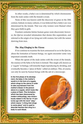 Harun Yahya



     In other words, a baby's sex is determined by which chromosome
from the male unites with the female's ovum.
     None of this was known until the discovery of genes in the 20th
century. Indeed, in many cultures, it was believed that a baby's sex was
determined by the female. That was why women were blamed when
they gave birth to girls.
     Fourteen centuries before human genes were discovered, howev-
er, the Qur'an revealed information that denies this superstition, and
referred to the origin of sex lying not with women, but with the semen
deriving from men.


     The Alaq Clinging to the Uterus
     If we continue to examine the facts announced to us in the Qur'an,
about the formation of human beings, we again encounter some very
important scientific truth.
     When the sperm of the male unites with the ovum of the female,
the essence of the baby to be born is formed. This single cell, known as
a "zygote" in biology, will instantly begin reproducing by dividing, and
eventually become a "piece of flesh," called an embryo. This, of course,
can only be seen by human beings with the aid of a microscope.

In the first phase of its develop-
ment, the baby in the mother's
womb is in the form of a zygote,
which clings to the uterus in order
to take nourishment from the
mother's blood. In the picture
above is a zygote, which looks like
a piece of flesh. This formation,
which has been discovered by
modern embryology, was miracu-
lously stated in the Qur'an 14 cen-
turies ago with the word "alaq,"
which means "a thing that clings
to some place" and is used to
describe leeches that cling to a
body to suck blood.



                                      157
 